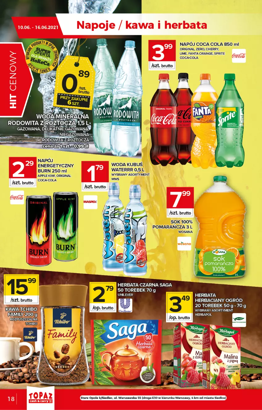 Gazetka promocyjna Topaz - Gazetka - ważna 10.06 do 16.06.2021 - strona 18 - produkty: Coca-Cola, Fa, Fanta, Herbapol, Herbata, Herbata czarna, Napój, Ogród, Saga, Sok, Sprite, Tchibo