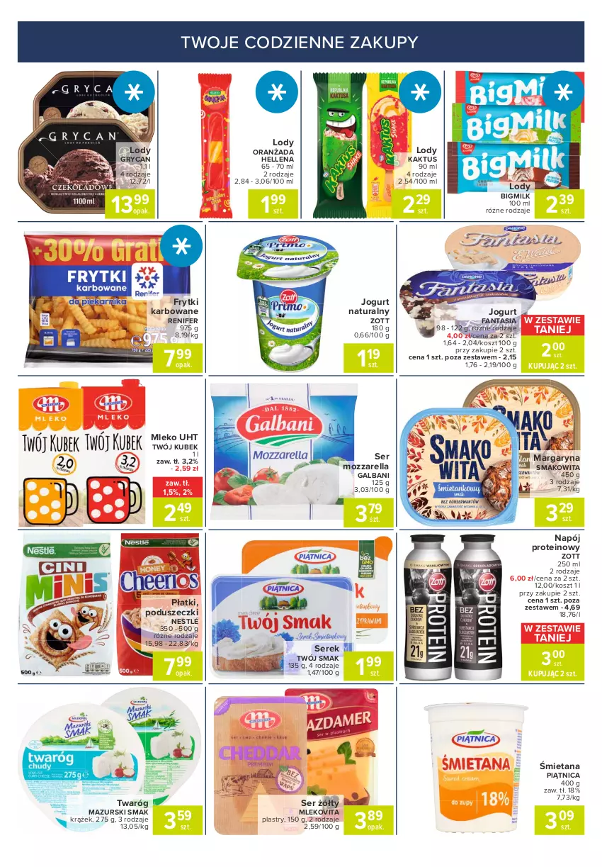 Gazetka promocyjna Carrefour - Gazetka Express - ważna 16.08 do 23.08.2021 - strona 2 - produkty: Fa, Fanta, Frytki, Galbani, Gry, Hellena, Jogurt, Jogurt naturalny, Kaktus, Kosz, Kubek, Lody, Margaryna, Mleko, Mlekovita, Mozzarella, Napój, Nestlé, Oranżada, Piątnica, Renifer, Ser, Serek, Smakowita, Twaróg, Twój Smak, Zott