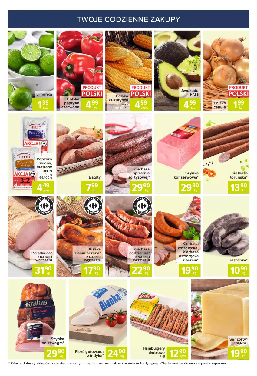 Gazetka promocyjna Carrefour - Gazetka Express - ważna 16.08 do 23.08.2021 - strona 5 - produkty: Burger, Cebula, Edam, Gra, Hamburger, Helio, Kasza, Kaszanka, Kiełbasa, Kukurydza, Limonka, Papryka, Papryka czerwona, Polędwica, Popcorn, Ser, Szynka, Szynka konserwowa