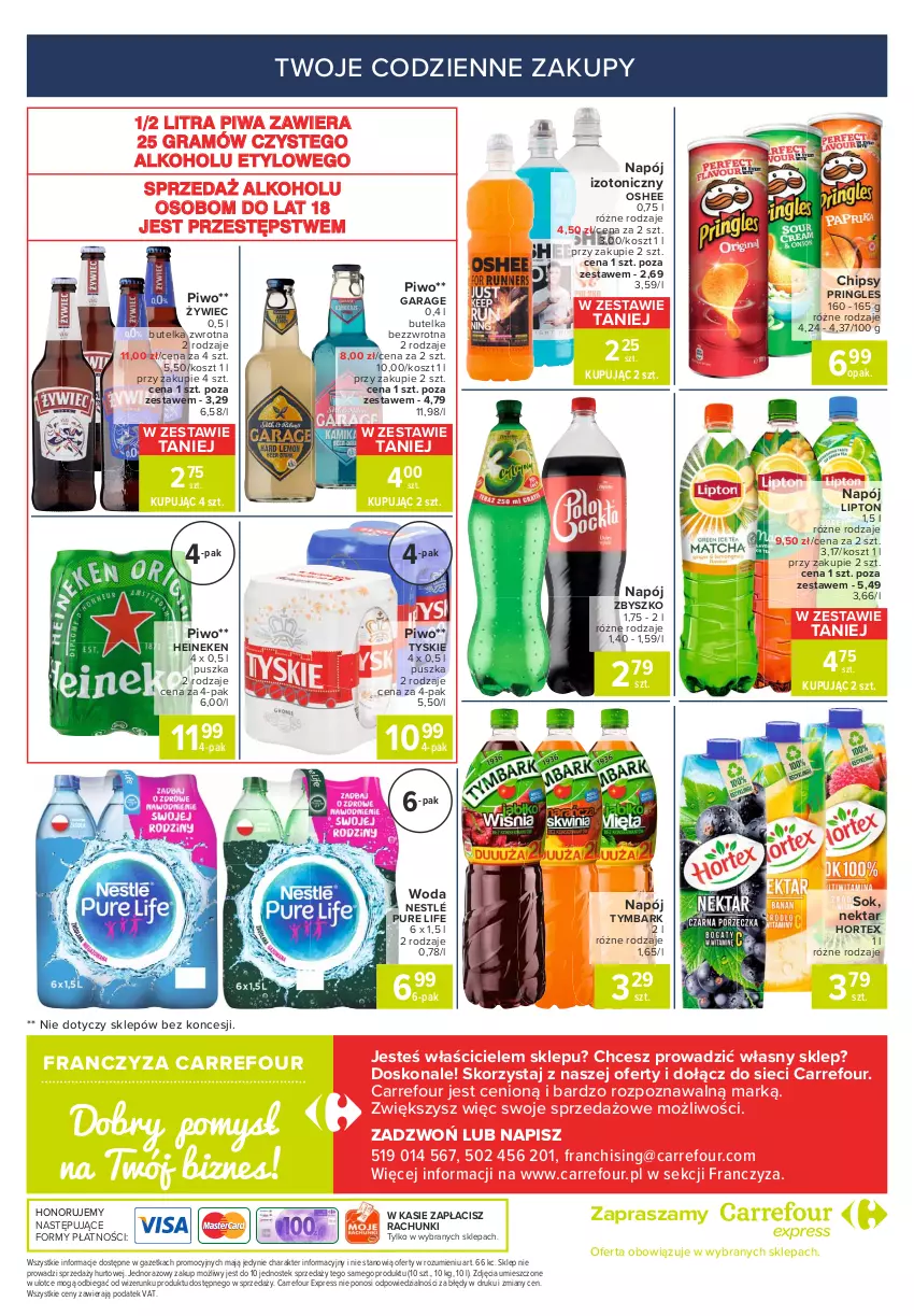 Gazetka promocyjna Carrefour - Gazetka Express - ważna 16.08 do 23.08.2021 - strona 6 - produkty: Chipsy, Gra, Heineken, Hortex, Kosz, Lipton, Napój, Napój izotoniczny, Nektar, Nestlé, Oshee, Piwa, Piwo, Pringles, Pur, Sok, Stek, Tymbark, Tyskie, Woda