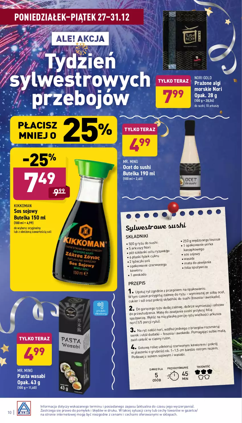 Gazetka promocyjna Aldi - Katalog spożywczy - ważna 27.12 do 31.12.2021 - strona 10 - produkty: Cukier, Gin, Kawior, Lanki, LG, Noż, Ocet, Pasta wasabi, Plasterki, Por, Ryż, Ser, Serek, Sól, Sos, Sos sojowy, Sushi, Tera, Wasa