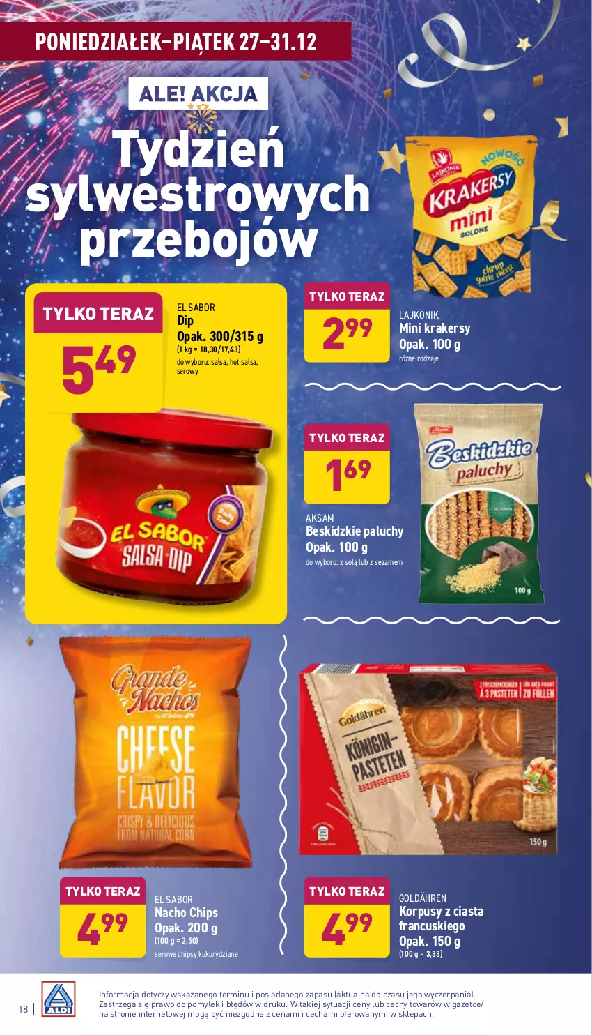 Gazetka promocyjna Aldi - Katalog spożywczy - ważna 27.12 do 31.12.2021 - strona 18 - produkty: Aksam, Beskidzki, Chipsy, Korpusy, Krakersy, Lajkonik, Salsa, Ser, Sezam, Tera