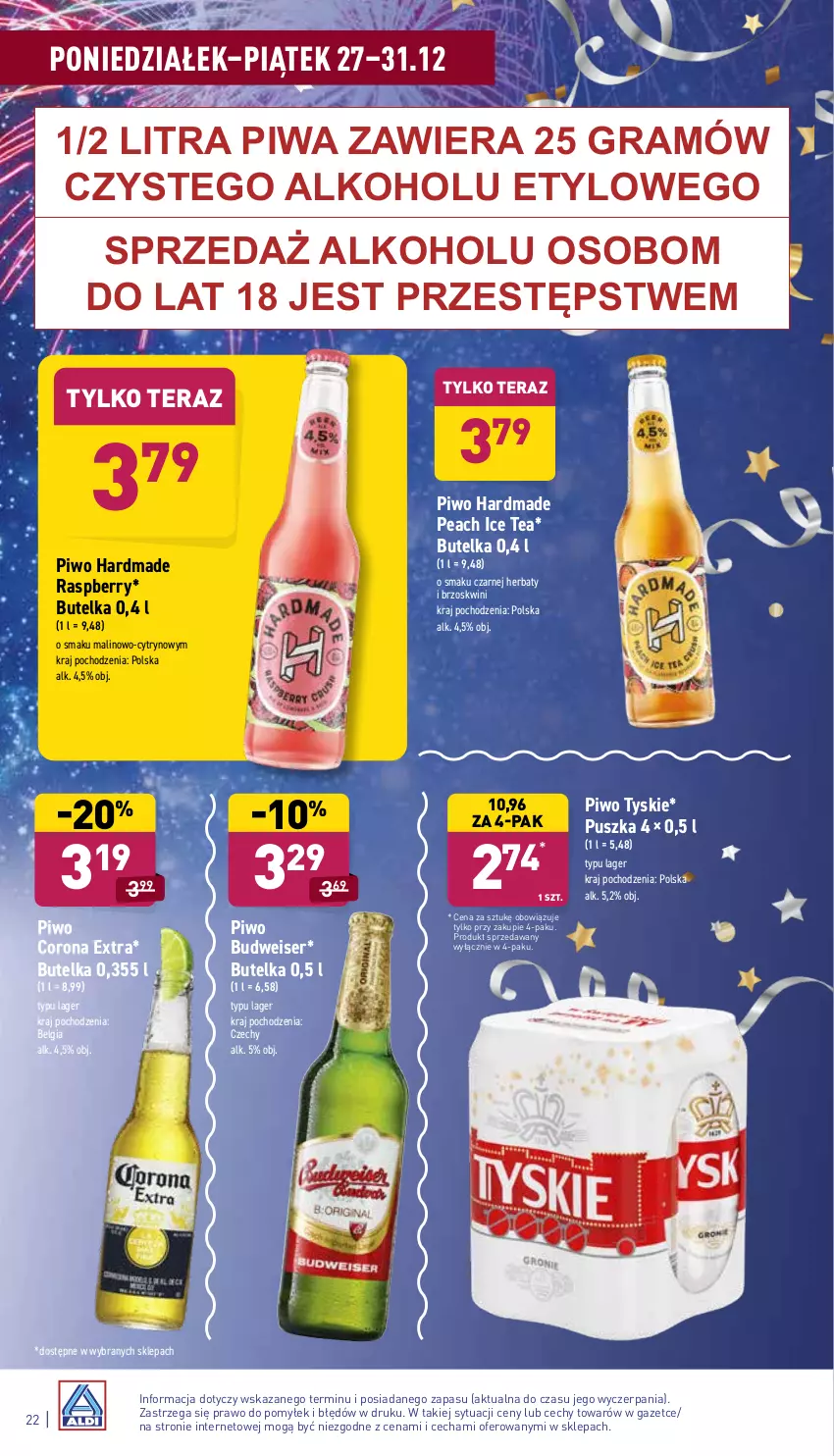 Gazetka promocyjna Aldi - Katalog spożywczy - ważna 27.12 do 31.12.2021 - strona 22 - produkty: Corona Extra, Gra, Ice tea, LG, Piwa, Piwo, Ser, Tera, Tyskie