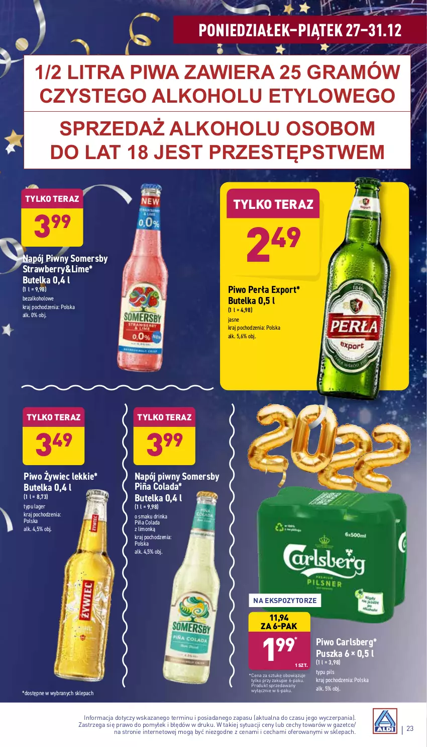 Gazetka promocyjna Aldi - Katalog spożywczy - ważna 27.12 do 31.12.2021 - strona 23 - produkty: Carlsberg, Gra, Inka, Napój, Perła, Piña Colada, Piwa, Piwo, Por, Somersby, Tera