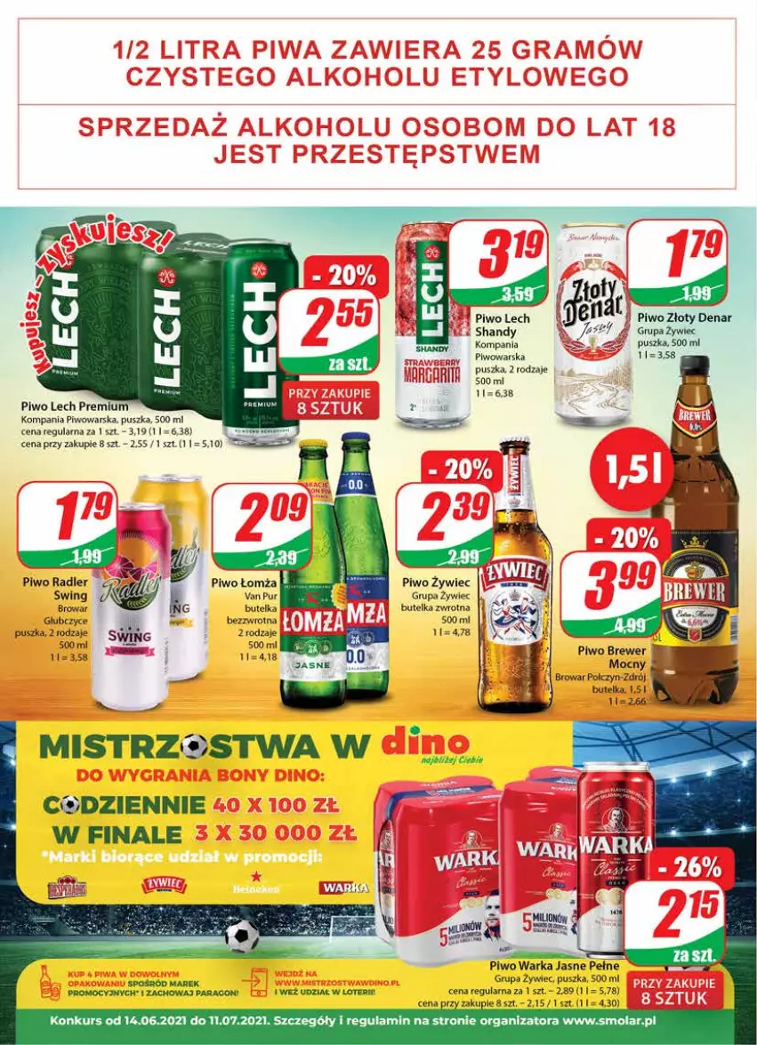 Gazetka promocyjna Dino - Gazetka - ważna 16.06 do 22.06.2021 - strona 14 - produkty: Fa, Lech Premium, Mola, Piwo, Pur, Radler, Warka