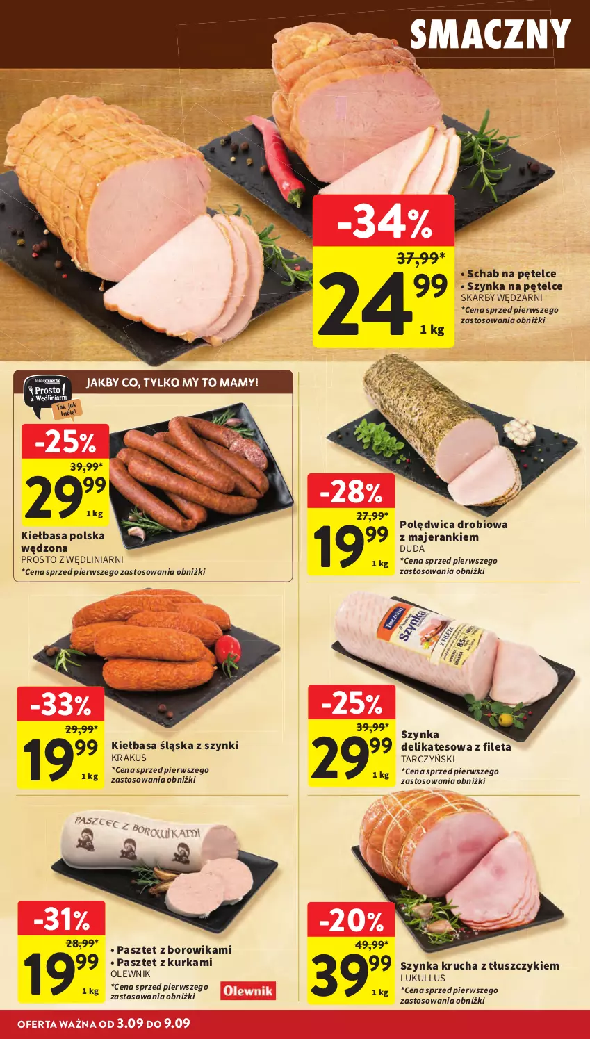Gazetka promocyjna Intermarche - Gazetka promocyjna - ważna 03.09 do 09.09.2026 - strona 14 - produkty: Duda, Kiełbasa, Kiełbasa śląska, Krakus, Olewnik, Pasztet, Polędwica, Szynka, Szynka delikatesowa, Tarczyński