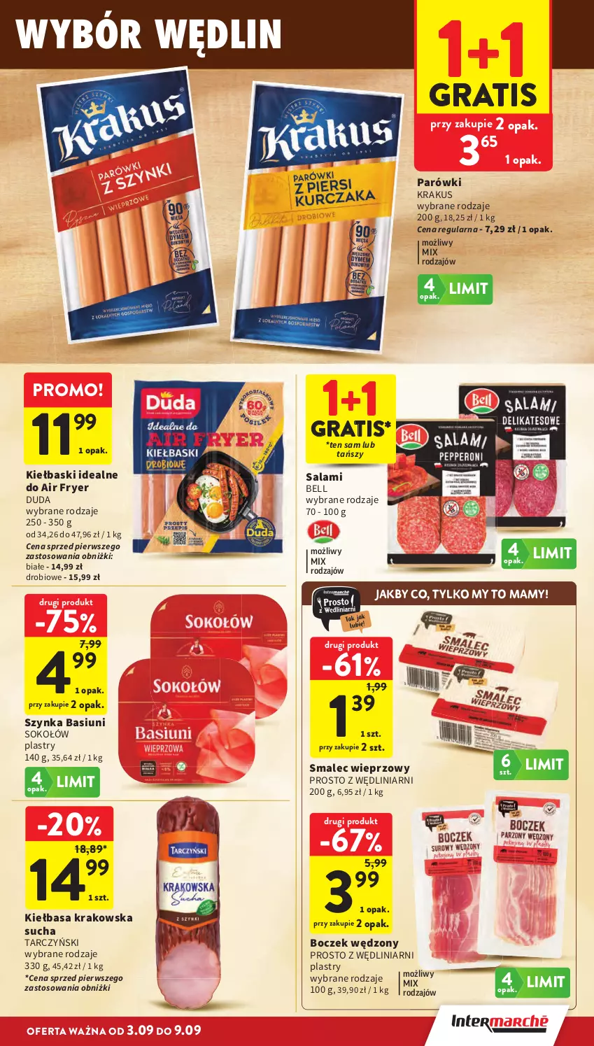 Gazetka promocyjna Intermarche - Gazetka promocyjna - ważna 03.09 do 09.09.2026 - strona 15 - produkty: Bell, Boczek, Duda, Gra, Kiełbasa, Kiełbasa krakowska, Krakus, Parówki, Salami, Smalec, Sok, Sokołów, Szynka, Tarczyński