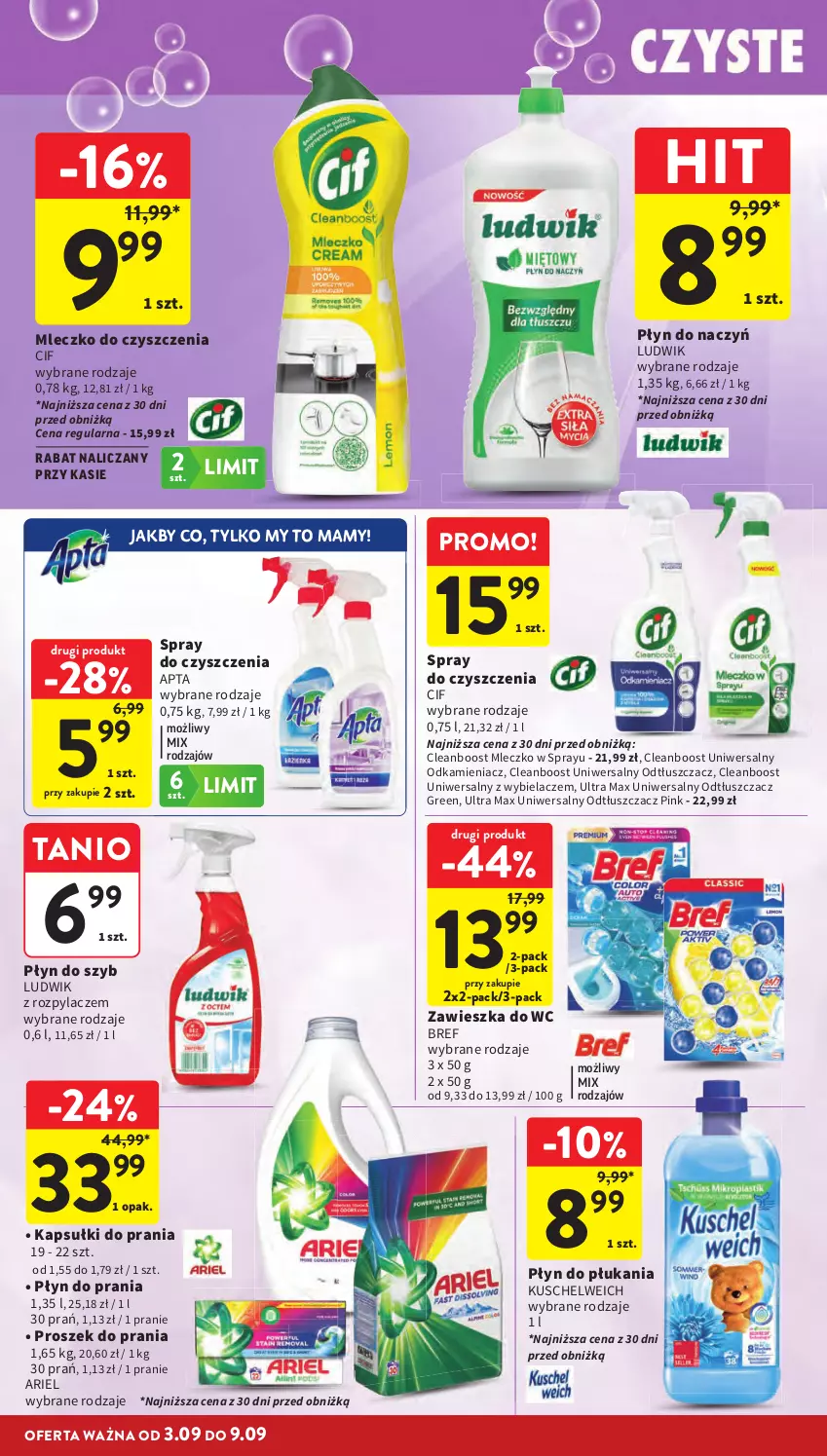 Gazetka promocyjna Intermarche - Gazetka promocyjna - ważna 03.09 do 09.09.2026 - strona 36 - produkty: Ariel, Bref, Cif, Kapsułki do prania, Ludwik, Mleczko, Odkamieniacz, Odtłuszczacz, Płyn do płukania, Płyn do prania, Płyn do szyb, Proszek do prania, Spray do czyszczenia, Zawieszka do wc
