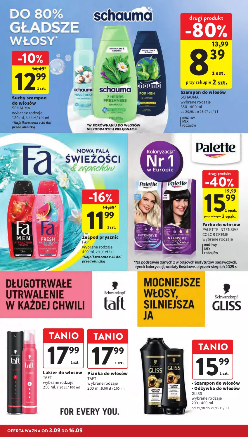 Gazetka promocyjna Intermarche - Gazetka promocyjna - ważna 03.09 do 09.09.2026 - strona 38 - produkty: Color Creme, Fa, Farba do włosów, Lakier, Lakier do włosów, Odżywka, Palette, Pianka do włosów, Schauma, Suchy szampon, Szampon, Taft