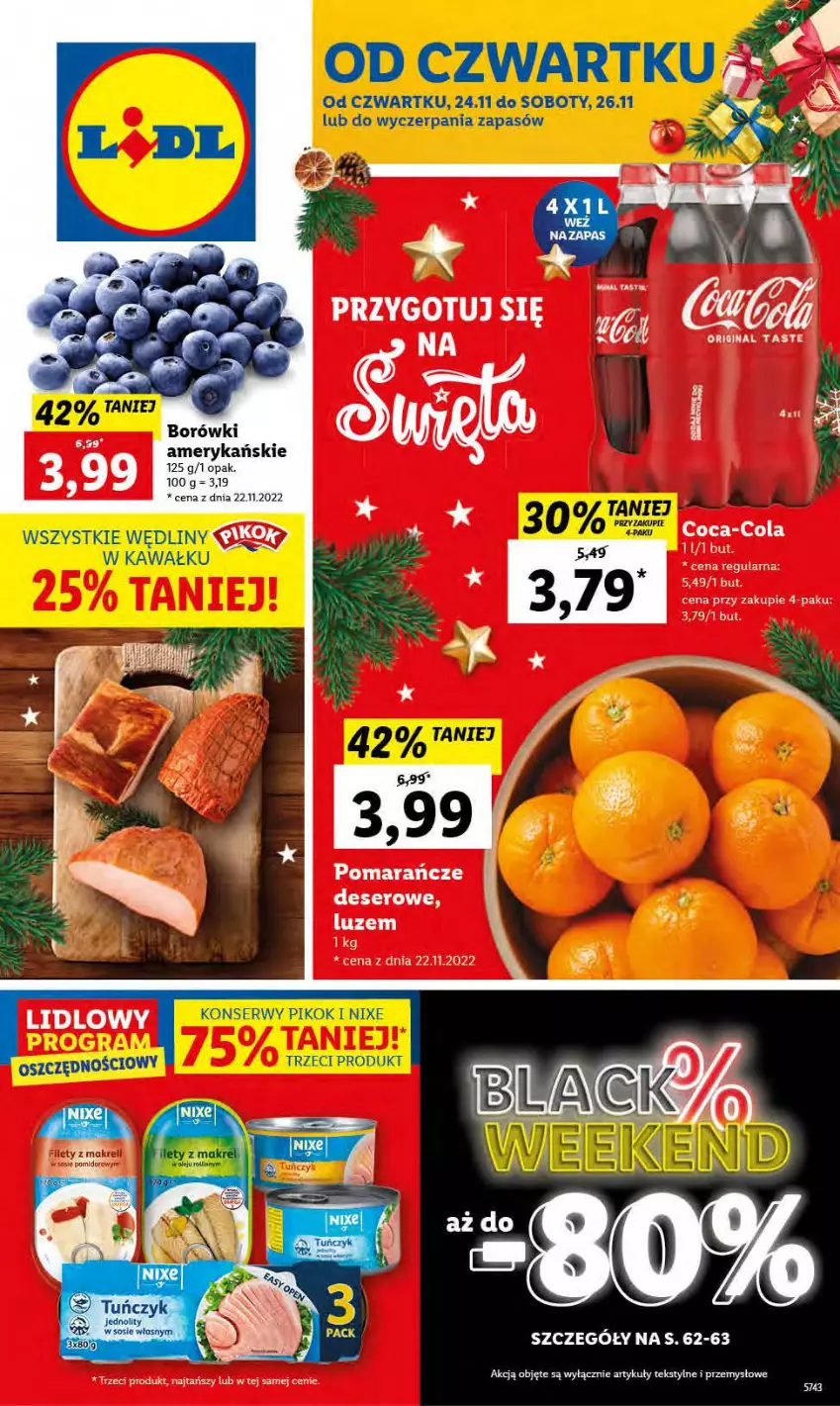 Gazetka promocyjna Lidl - GAZETKA - ważna 24.11 do 26.11.2022 - strona 1 - produkty: Coca-Cola, Deser, Gin, Ser