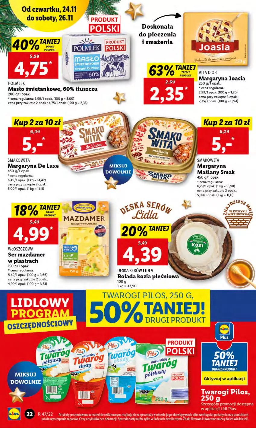 Gazetka promocyjna Lidl - GAZETKA - ważna 24.11 do 26.11.2022 - strona 24 - produkty: Deska serów, Kosz, Margaryna, Masło, Mazdamer, Piec, Pilos, POLMLEK, Rolada, Ser, Smakowita