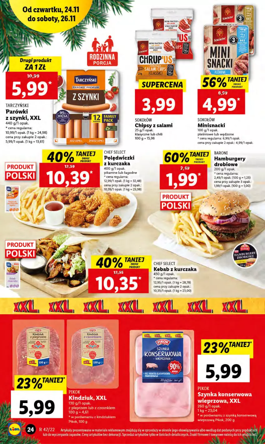 Gazetka promocyjna Lidl - GAZETKA - ważna 24.11 do 26.11.2022 - strona 26 - produkty: Burger, Chipsy, Hamburger, Kaki, Kebab, Kebab z kurczaka, Kurczak, LG, Parówki, Salami, Ser, Sok, Sokołów, Szynka, Tarczyński