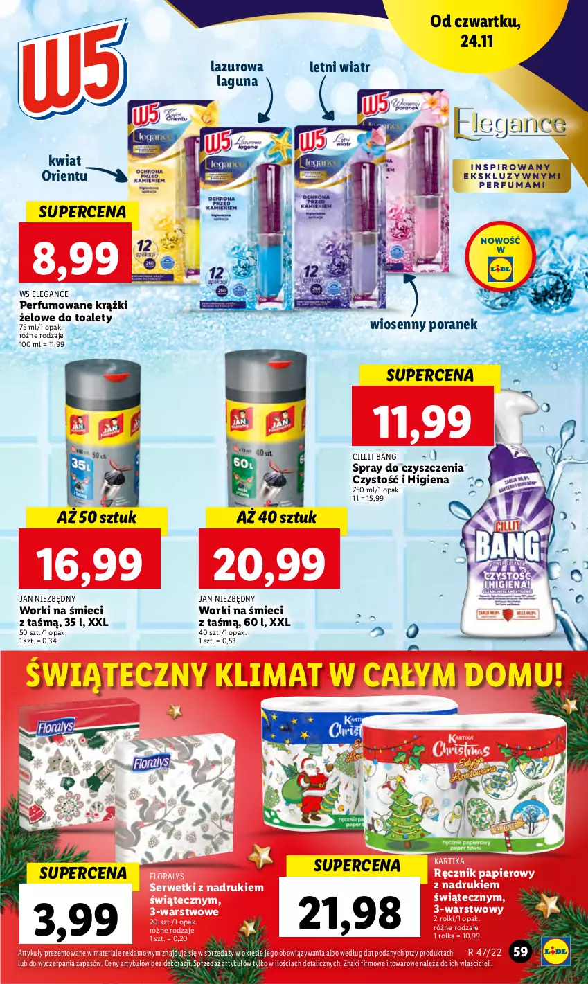 Gazetka promocyjna Lidl - GAZETKA - ważna 24.11 do 26.11.2022 - strona 61 - produkty: Cillit Bang, Flora, Jan Niezbędny, Lazur, Papier, Perfum, Por, Ręcznik, Rolki, Ser, Serwetki, Spray do czyszczenia, Worki na śmiec, Worki na śmieci