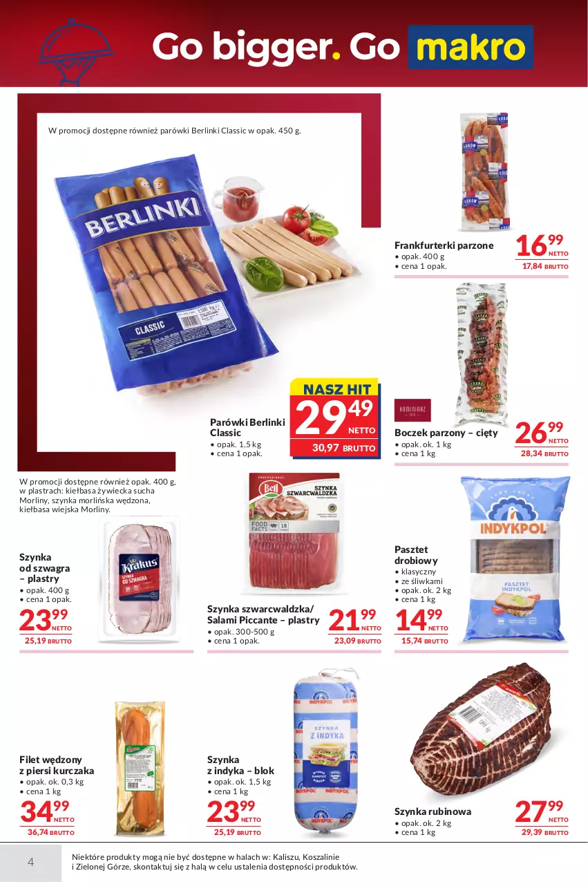 Gazetka promocyjna Makro - Oferta dla gastronomii - ważna 15.09 do 28.09.2026 - strona 4 - produkty: Berlinki, Boczek, Frankfurterki, Gra, Kiełbasa, Kiełbasa wiejska, Kosz, Kurczak, Morliny, Parówki, Pasztet, Rubin, Salami, Szal, Szynka