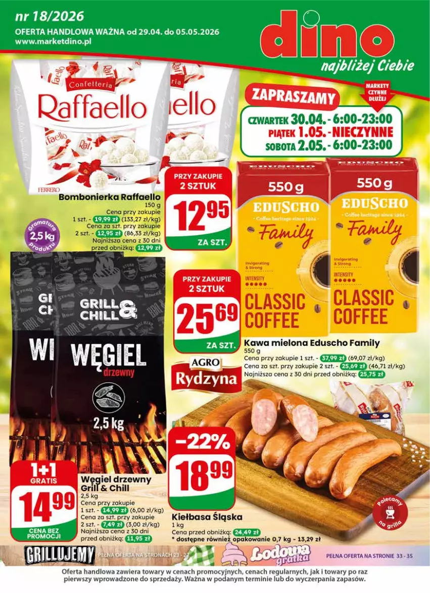 Gazetka promocyjna Dino - Gazetka 18 / 2026 - ważna 29.04 do 05.05.2026 - strona 1 - produkty: Fa, Grill, JBL, Kawa, Kawa mielona, Kiełbasa, Raffaello