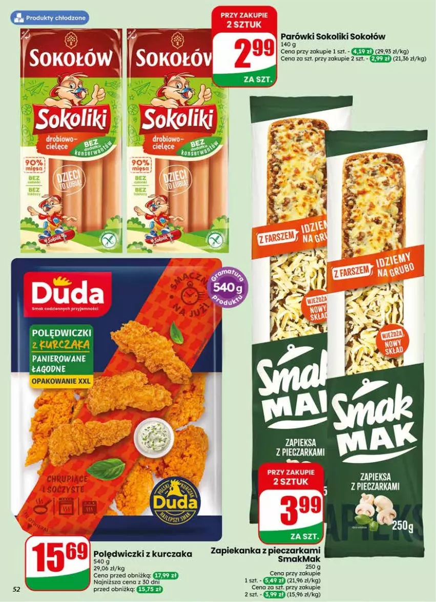 Gazetka promocyjna Dino - Gazetka 18 / 2026 - ważna 29.04 do 05.05.2026 - strona 52 - produkty: Kurczak, Parówki, Parówki sokoliki, Piec, Pieczarka, Polędwiczki z kurczaka, Sok, Sokołów, Zapiekanka
