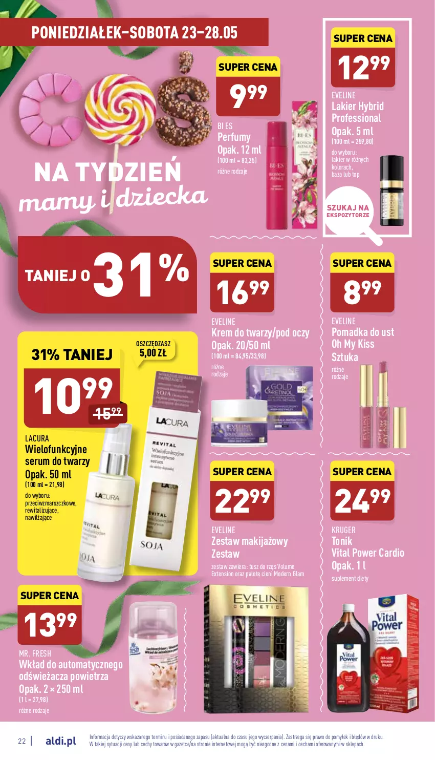 Gazetka promocyjna Aldi - Pełny katalog - ważna 23.05 do 28.05.2022 - strona 22 - produkty: Eveline, Krem do twarzy, Lakier, Makijaż, Mars, Perfum, Rum, Ser, Serum, Serum do twarzy, Suplement diety, Tonik, Top, Tusz