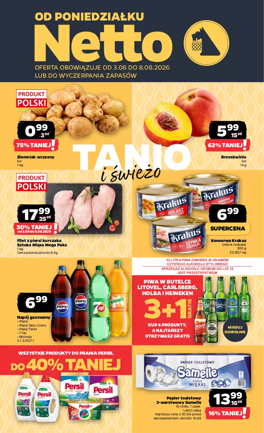 Gazetka promocyjna Netto - Od Poniedziałku - ważna 03.08 do 08.08.2026 - strona 1 - produkty: Carlsberg, Filet z piersi kurczaka, Gra, Heineken, Krakus, Kurczak, Mirinda, Napój, Napój gazowany, Papier, Papier toaletowy, Pepsi, Persil, Piwa, Ser