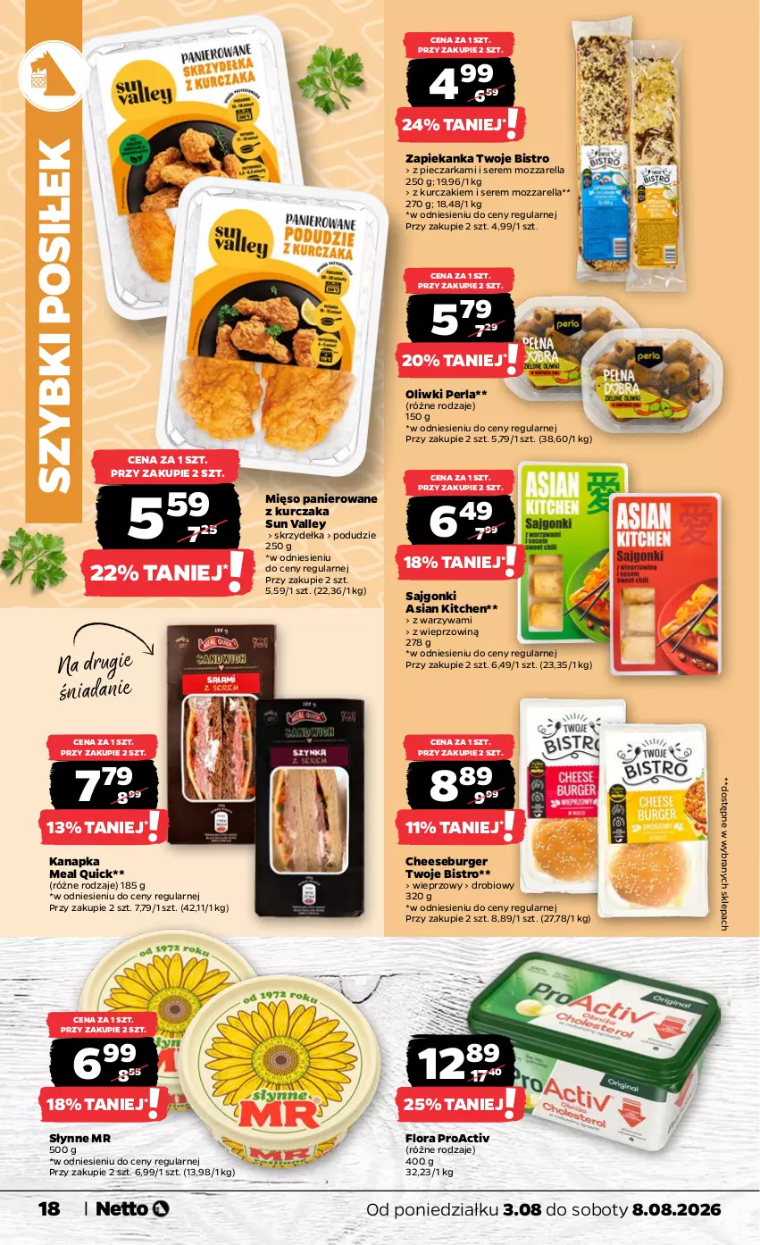 Gazetka promocyjna Netto - Od Poniedziałku - ważna 03.08 do 08.08.2026 - strona 18 - produkty: Burger, Flora, Kurczak, Mięso, Mozzarella, Oliwki, Piec, Pieczarka, Sajgonki, Ser, Słynne, Warzywa, Zapiekanka