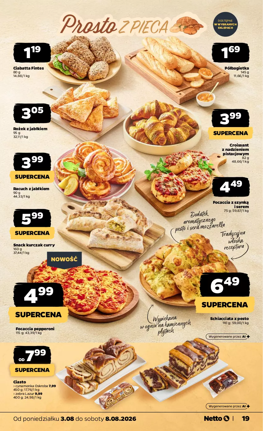 Gazetka promocyjna Netto - Od Poniedziałku - ważna 03.08 do 08.08.2026 - strona 19 - produkty: Bagietka, Chia, Ciabatta, Croissant, Focaccia, Kurczak, Lazur, Pesto, Płyta, Półbagietka, Ser