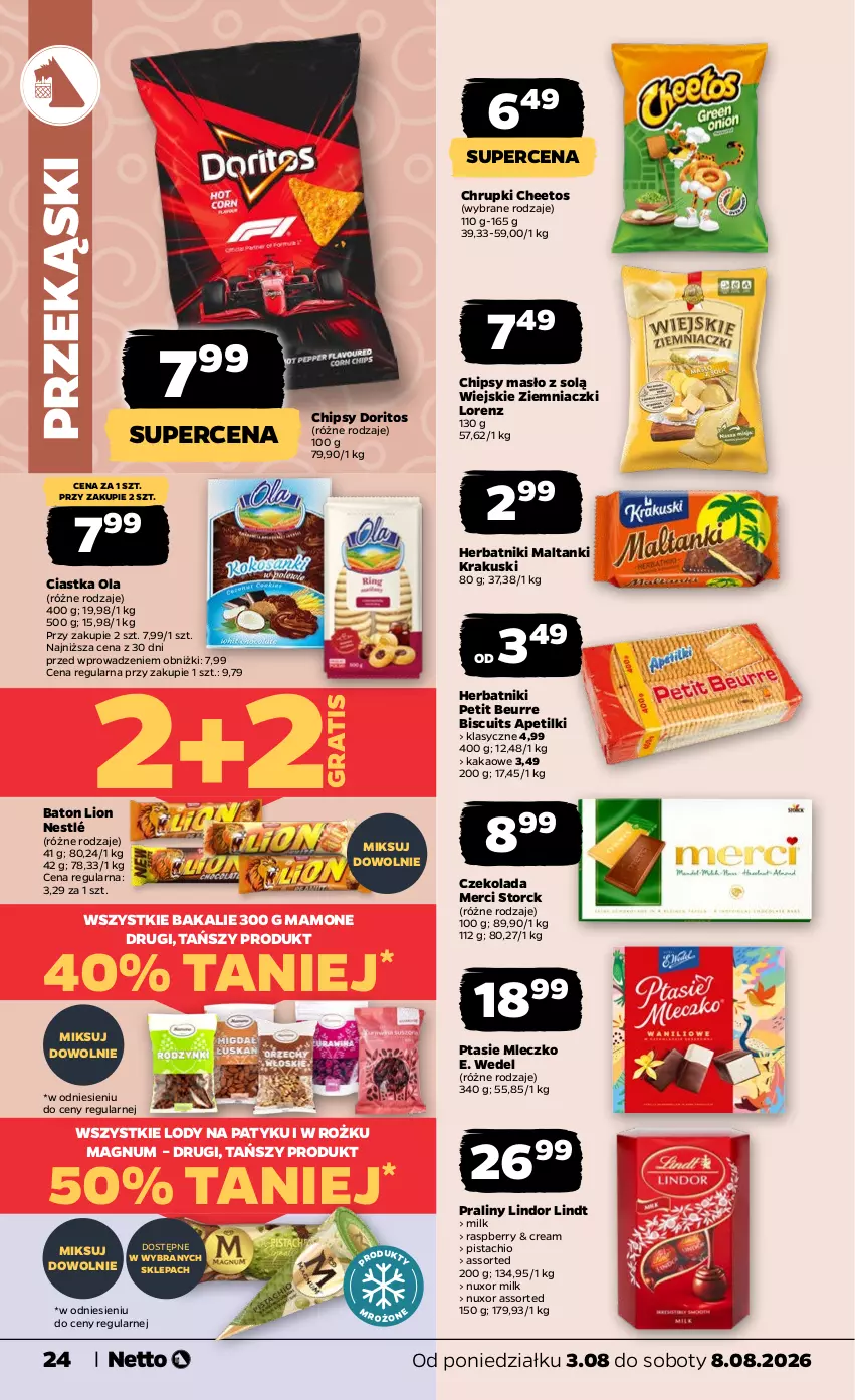 Gazetka promocyjna Netto - Od Poniedziałku - ważna 03.08 do 08.08.2026 - strona 24 - produkty: Baton, Cheetos, Chipsy, Chrupki, Ciastka, Czekolada, E. Wedel, Gra, Herbatniki, Herbatniki Petit Beurre, Kakao, Krakus, Krakuski, Lindor, Lindt, Lion, Lody, Lorenz, Masło, Merci, Mleczko, Nestlé, Praliny, Ptasie mleczko