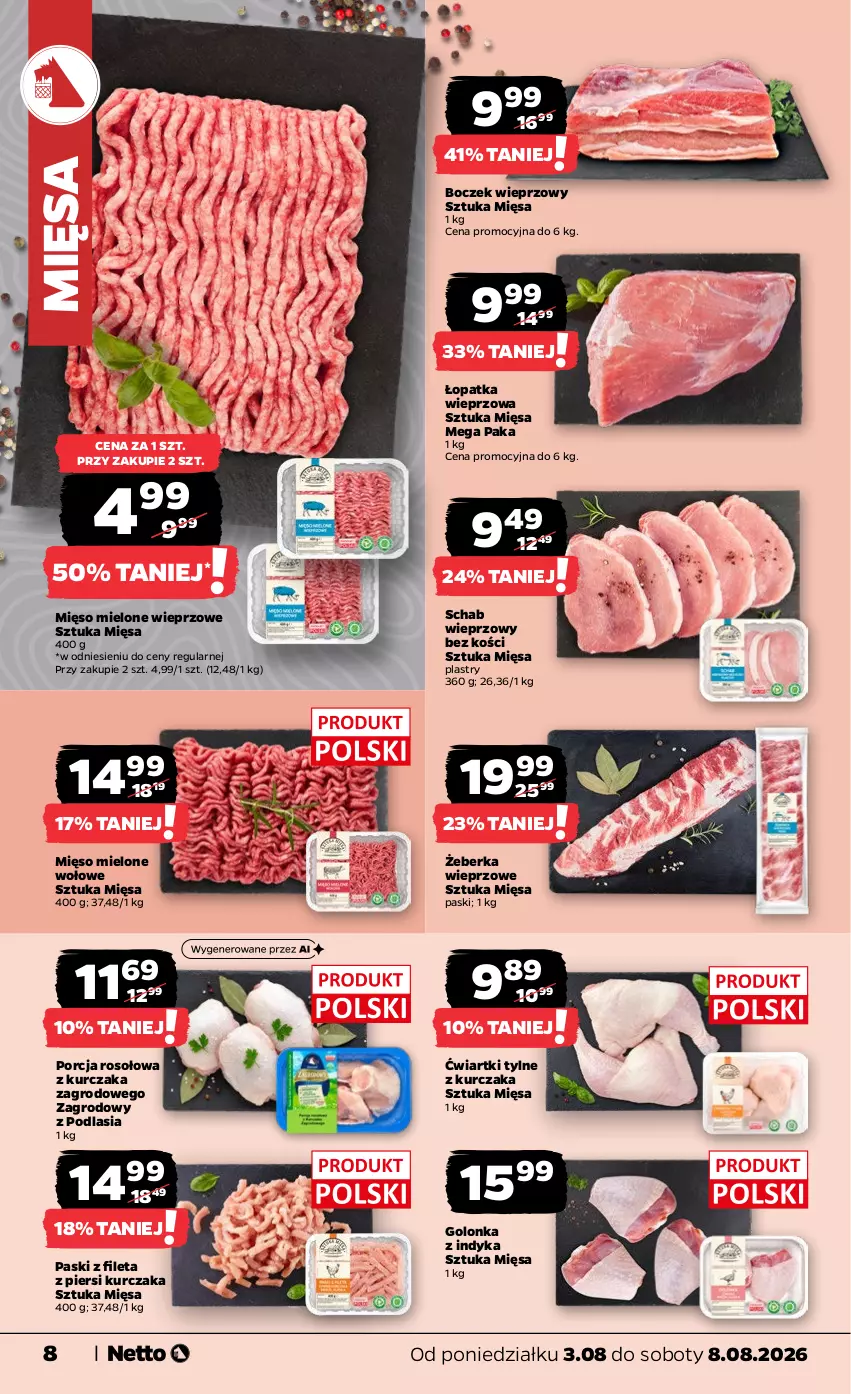 Gazetka promocyjna Netto - Od Poniedziałku - ważna 03.08 do 08.08.2026 - strona 8 - produkty: Boczek, Boczek wieprzowy, Golonka z indyka, Kurczak, Mięso, Mięso mielone, Por, Schab wieprzowy