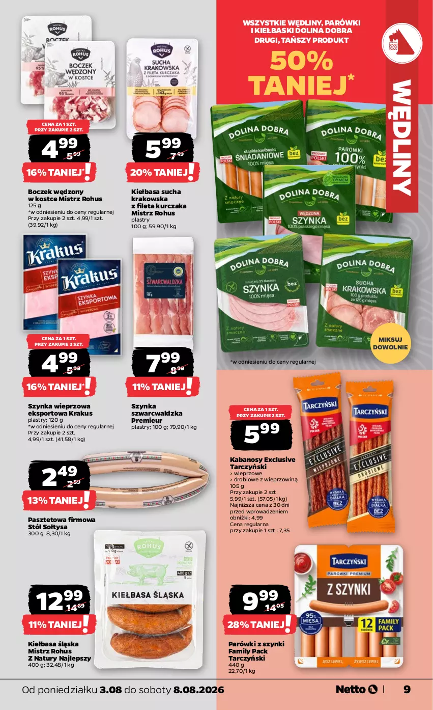 Gazetka promocyjna Netto - Od Poniedziałku - ważna 03.08 do 08.08.2026 - strona 9 - produkty: Boczek, Fa, Kabanos, Kiełbasa, Kiełbasa śląska, Krakus, Kurczak, Parówki, Parówki z szynki, Pasztet, Por, Sport, Stół, Szynka, Szynka wieprzowa, Tarczyński