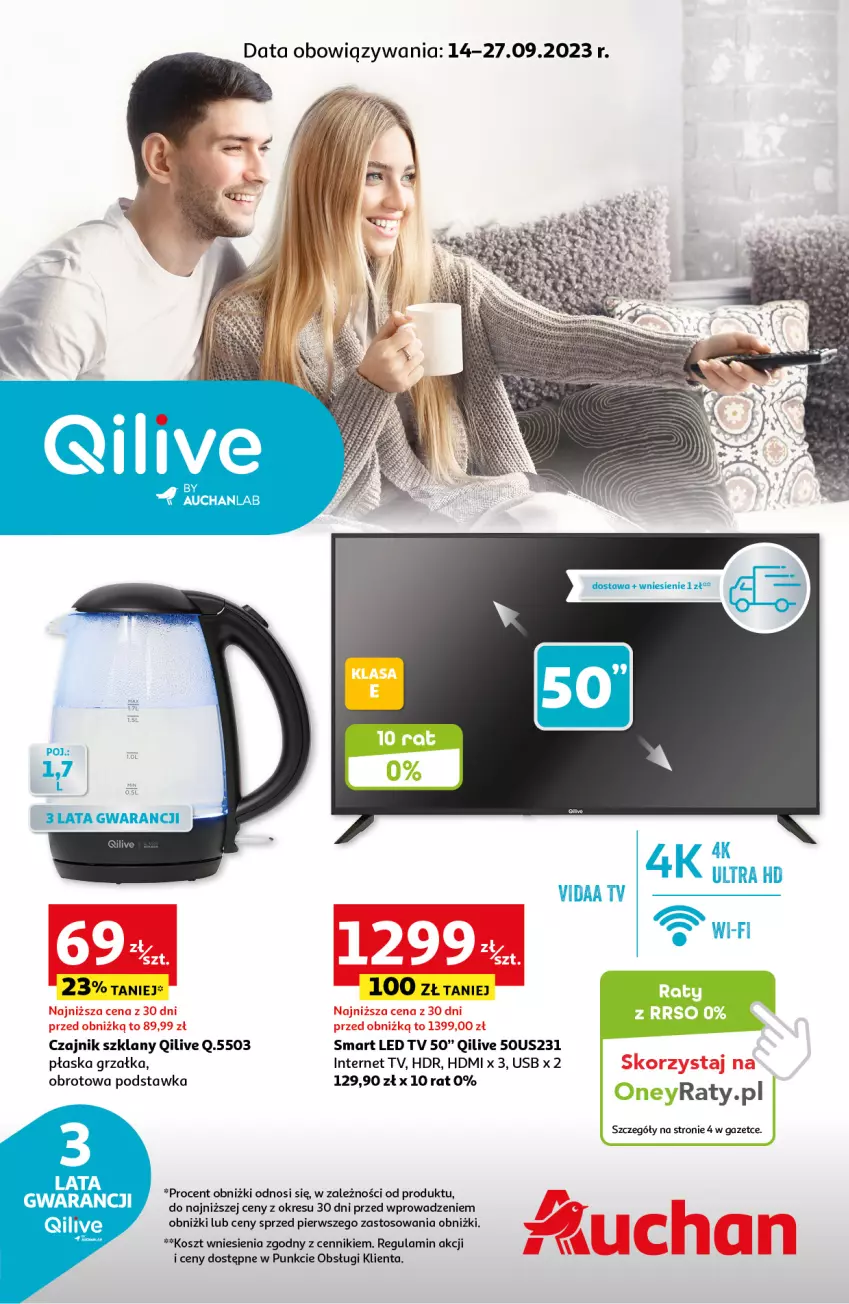 Gazetka promocyjna Auchan - Gazetka Qilive BY AUCHANLAB Hipermarket Auchan - ważna 14.09 do 27.09.2023 - strona 1 - produkty: Czajnik, Grzałka, Kosz, LED TV