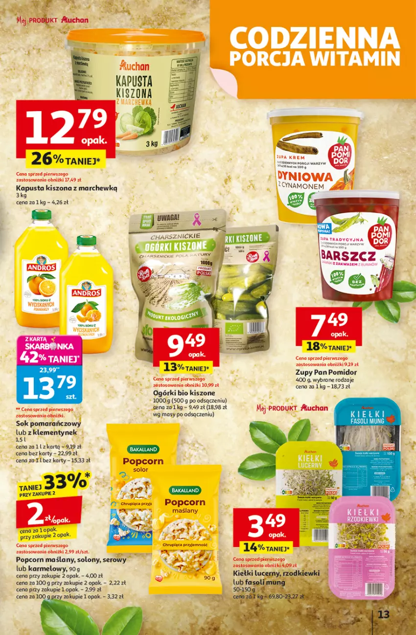 Gazetka promocyjna Auchan - Wielkie przeboje cenowe Hipermarket - ważna 09.10 do 15.10.2025 - strona 13 - produkty: Bakalland, Fa, Kiełki, Popcorn, Por, Ser, Sok, Sok pomarańczowy