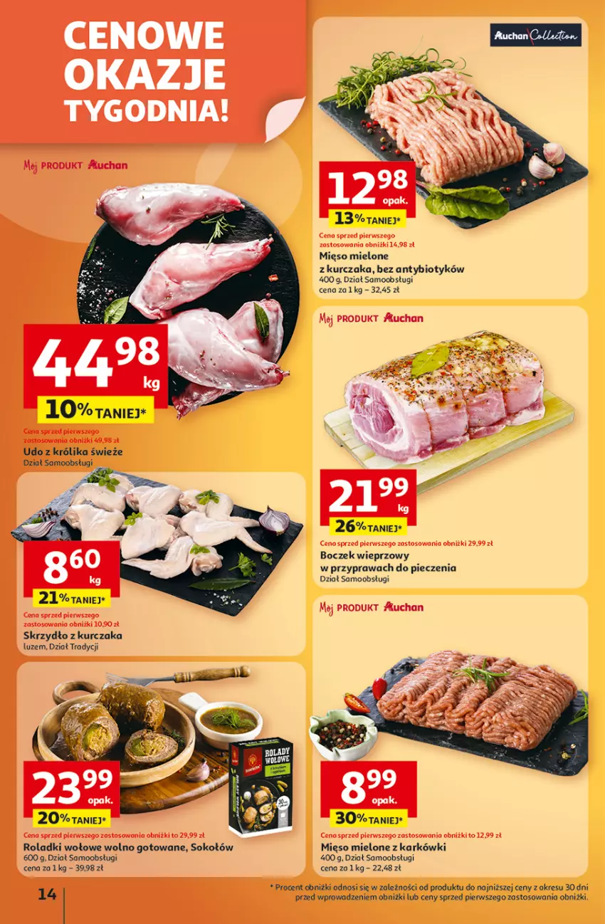 Gazetka promocyjna Auchan - Wielkie przeboje cenowe Hipermarket - ważna 09.10 do 15.10.2025 - strona 14 - produkty: Boczek, Boczek wieprzowy, Fa, Królik, Kurczak, Mięso, Mięso mielone, Piec, Por, Sok, Sokołów