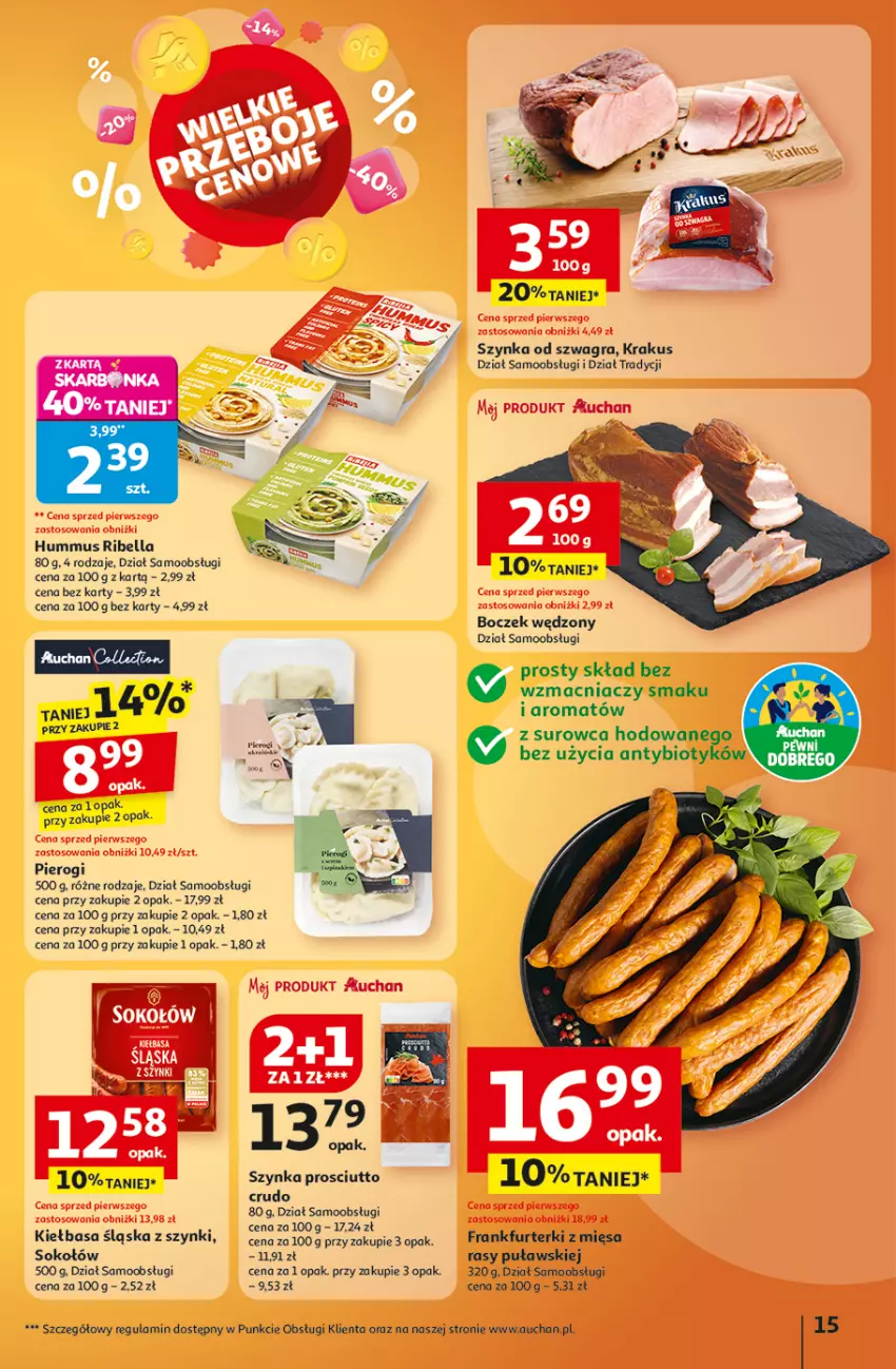 Gazetka promocyjna Auchan - Wielkie przeboje cenowe Hipermarket - ważna 09.10 do 15.10.2025 - strona 15 - produkty: Bell, Bella, Boczek, Frankfurterki, Gra, Hummus, Kiełbasa, Kiełbasa śląska, Krakus, Mus, Pierogi, Prosciutto, Sok, Sokołów, Szynka