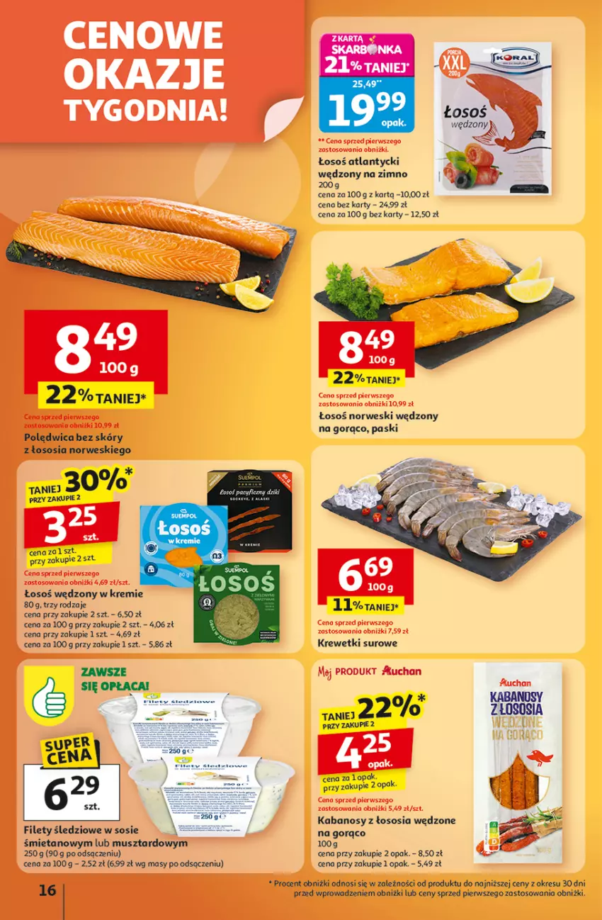 Gazetka promocyjna Auchan - Wielkie przeboje cenowe Hipermarket - ważna 09.10 do 15.10.2025 - strona 16 - produkty: Kabanos, Krewetki, Mus, Ser, Sos, Suempol