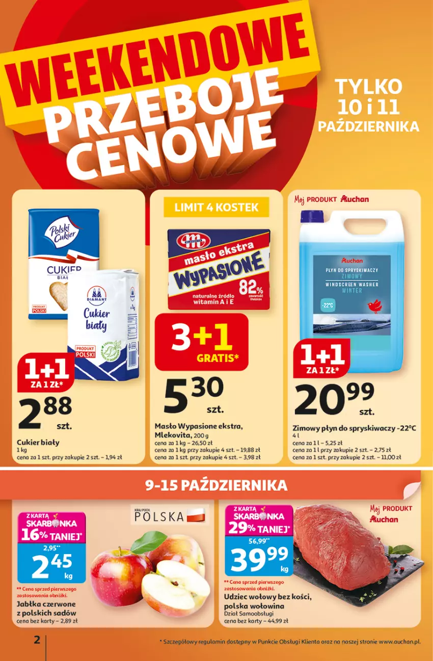 Gazetka promocyjna Auchan - Wielkie przeboje cenowe Hipermarket - ważna 09.10 do 15.10.2025 - strona 2 - produkty: Cukier, Diamant, Jabłka, Masło, Mleko, Mlekovita, Płyn do spryskiwaczy, Udziec wołowy, Wołowina