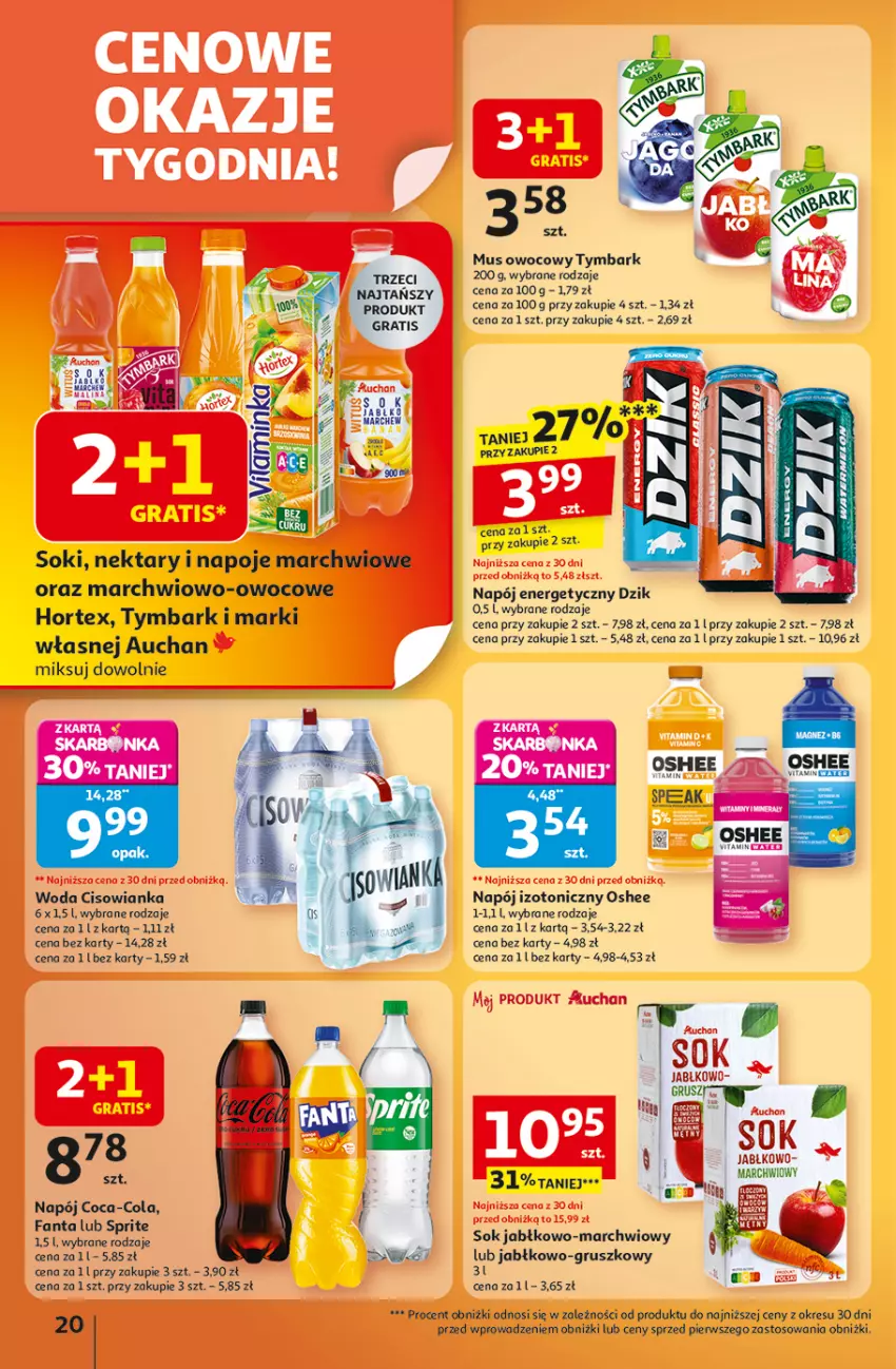 Gazetka promocyjna Auchan - Wielkie przeboje cenowe Hipermarket - ważna 09.10 do 15.10.2025 - strona 20 - produkty: Cisowianka, Coca-Cola, Fa, Fanta, Gra, Hortex, Mus, Napój, Napój energetyczny, Napój izotoniczny, Napoje, Nektar, Oshee, Sok, Sprite, Tymbark, Woda