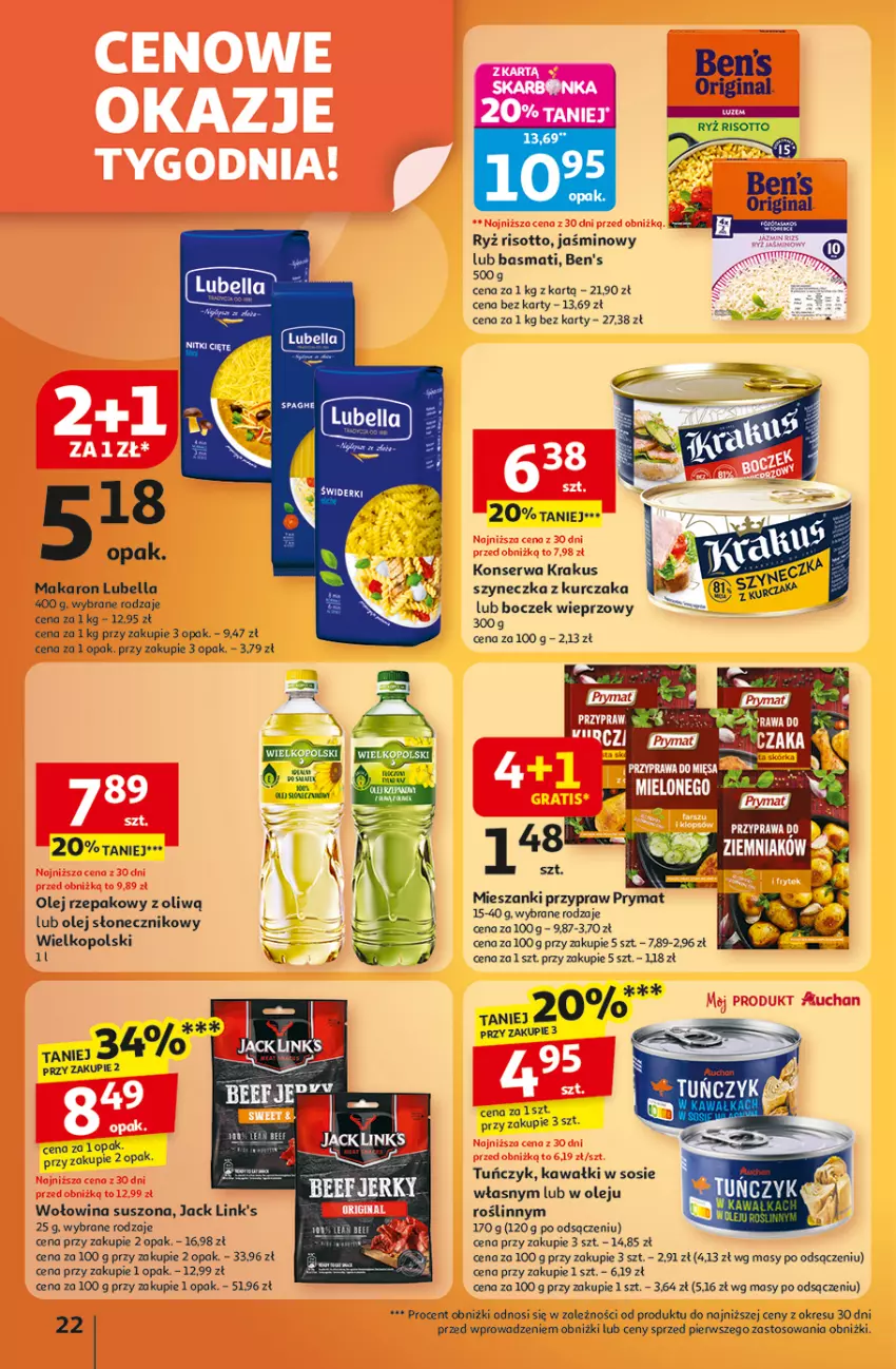 Gazetka promocyjna Auchan - Wielkie przeboje cenowe Hipermarket - ważna 09.10 do 15.10.2025 - strona 22 - produkty: Bell, Bella, Boczek, Boczek wieprzowy, Kawa, Krakus, Kurczak, Lubella, Makaron, Olej, Olej rzepakowy, Ryż, Ser, Sos, Tuńczyk, Wołowina