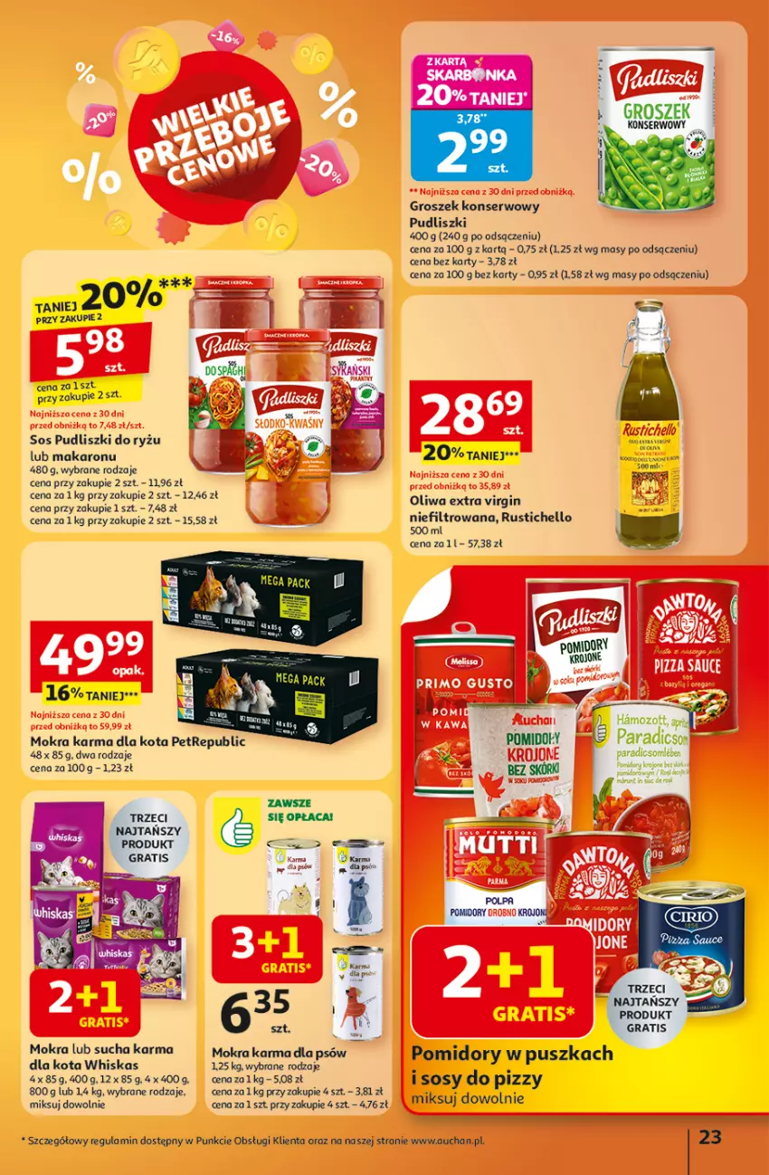 Gazetka promocyjna Auchan - Wielkie przeboje cenowe Hipermarket - ważna 09.10 do 15.10.2025 - strona 23 - produkty: Fa, Gin, Gra, Groszek, Makaron, Mokra karma, Oliwa, Pomidory, Pudliszki, Rust, Ryż, Ser, Sos, Whiskas