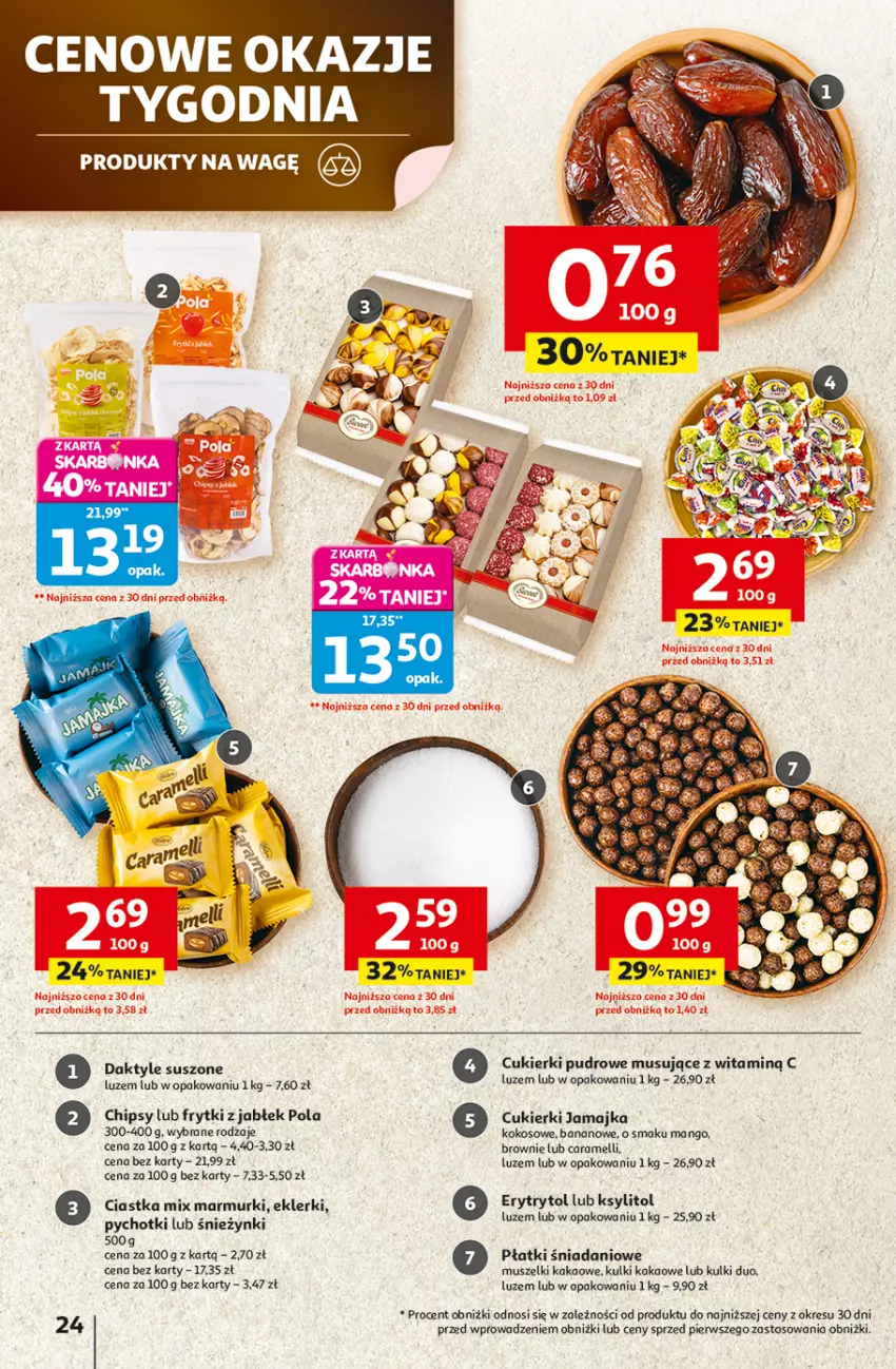 Gazetka promocyjna Auchan - Wielkie przeboje cenowe Hipermarket - ważna 09.10 do 15.10.2025 - strona 24 - produkty: Brownie, Chipsy, Ciastka, Cukier, Cukierki, Daktyle, Danio, Frytki, Kakao, Kokos, Ksylitol, Mango, Mus
