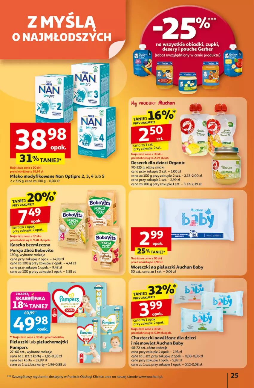 Gazetka promocyjna Auchan - Wielkie przeboje cenowe Hipermarket - ważna 09.10 do 15.10.2025 - strona 25 - produkty: Chusteczki, Deser, Dzieci, Majtki, Mleko, Mleko modyfikowane, NAN Optipro, Pampers, Pieluchomajtki, Por, Ser, Serek