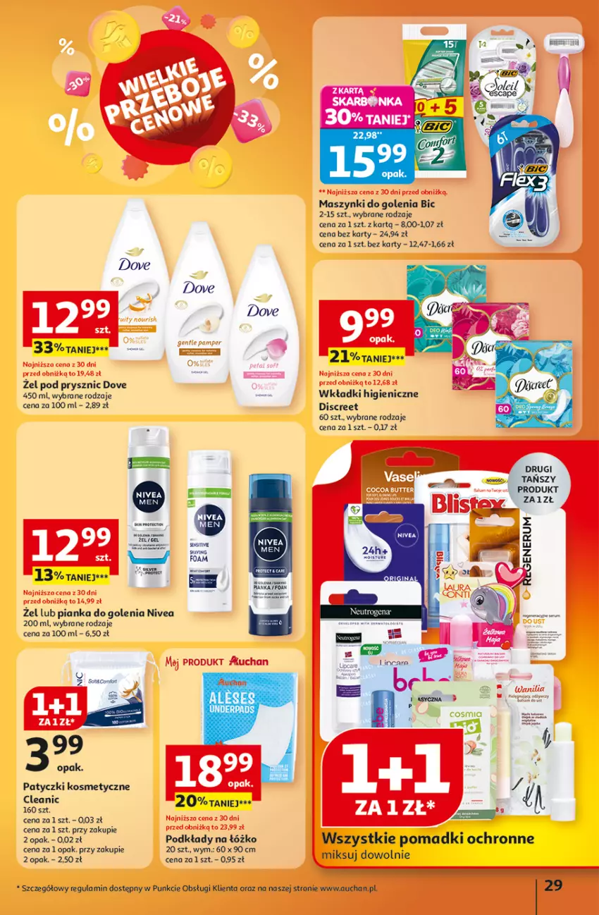 Gazetka promocyjna Auchan - Wielkie przeboje cenowe Hipermarket - ważna 09.10 do 15.10.2025 - strona 29 - produkty: BIC, Cleanic, Discreet, Dove, Fa, Nivea, Patyczki kosmetyczne, Pianka do golenia, Podkład, Wkładki