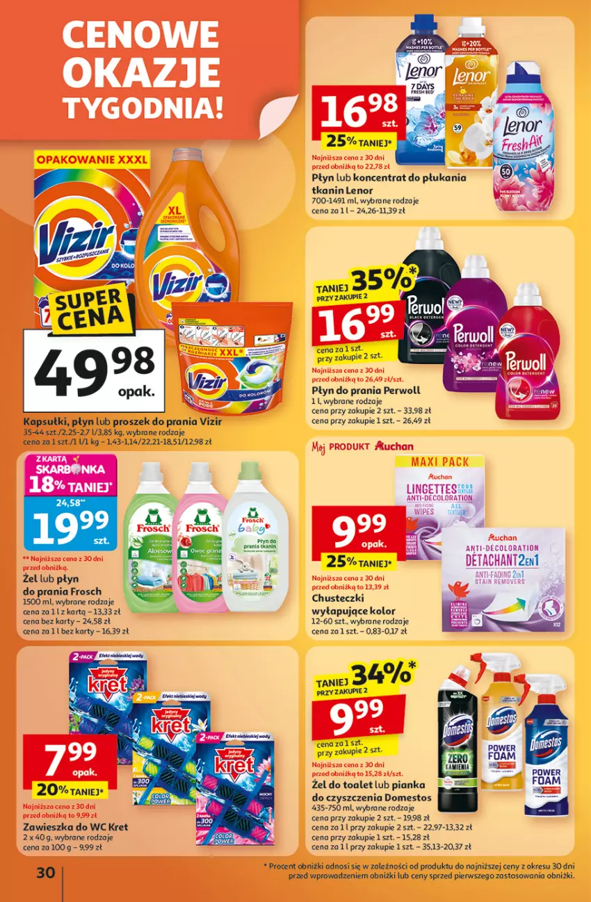 Gazetka promocyjna Auchan - Wielkie przeboje cenowe Hipermarket - ważna 09.10 do 15.10.2025 - strona 30 - produkty: 7 Days, Chusteczki, Domestos, Frosch, Kret, Lenor, Perwoll, Pianka do czyszczenia, Płyn do prania, Proszek do prania, Vizir, Zawieszka do wc