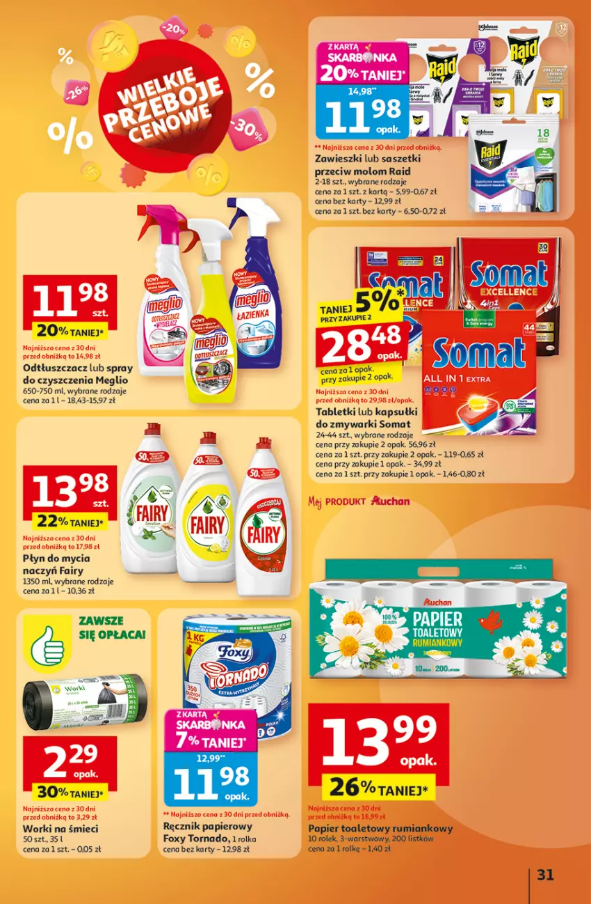 Gazetka promocyjna Auchan - Wielkie przeboje cenowe Hipermarket - ważna 09.10 do 15.10.2025 - strona 31 - produkty: Do mycia naczyń, Fa, Fairy, Foxy, Odtłuszczacz, Papier, Płyn do mycia, Płyn do mycia naczyń, Ręcznik, Rum, Somat, Spray do czyszczenia, Tablet, Worki na śmiec, Worki na śmieci, Zawieszki, Zmywarki