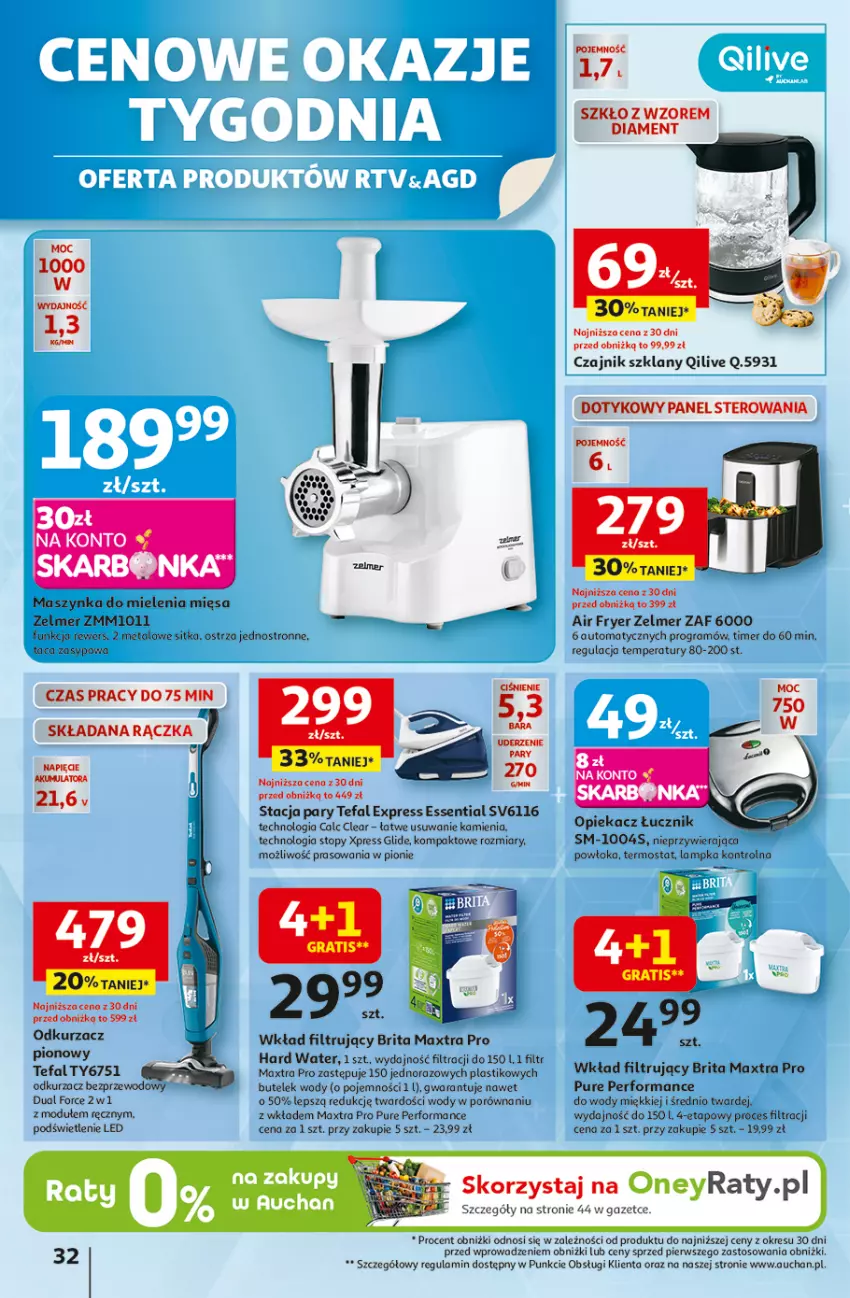 Gazetka promocyjna Auchan - Wielkie przeboje cenowe Hipermarket - ważna 09.10 do 15.10.2025 - strona 32 - produkty: Akumulator, Brit, Brita, Brita Maxtra, Czajnik, Fa, Gra, Maszynka, Maszynka do mielenia, Odkurzacz, Odkurzacz bezprzewodowy, Por, Pur, Sitko, Stacja pary, Szynka, Taca, Tefal, Termos, Top, Wkład filtrujący, Zelmer