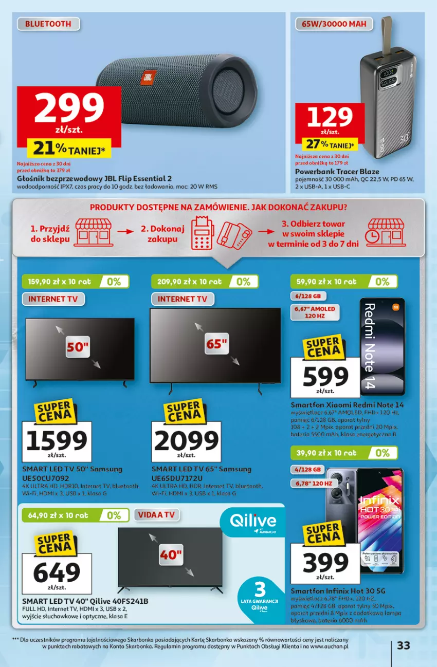 Gazetka promocyjna Auchan - Wielkie przeboje cenowe Hipermarket - ważna 09.10 do 15.10.2025 - strona 33 - produkty: Acer, Amol, Bateria, Głośnik, Gra, JBL, Lampa, LED TV, Por, Powerbank, Redmi Note, Samsung, Smartfon