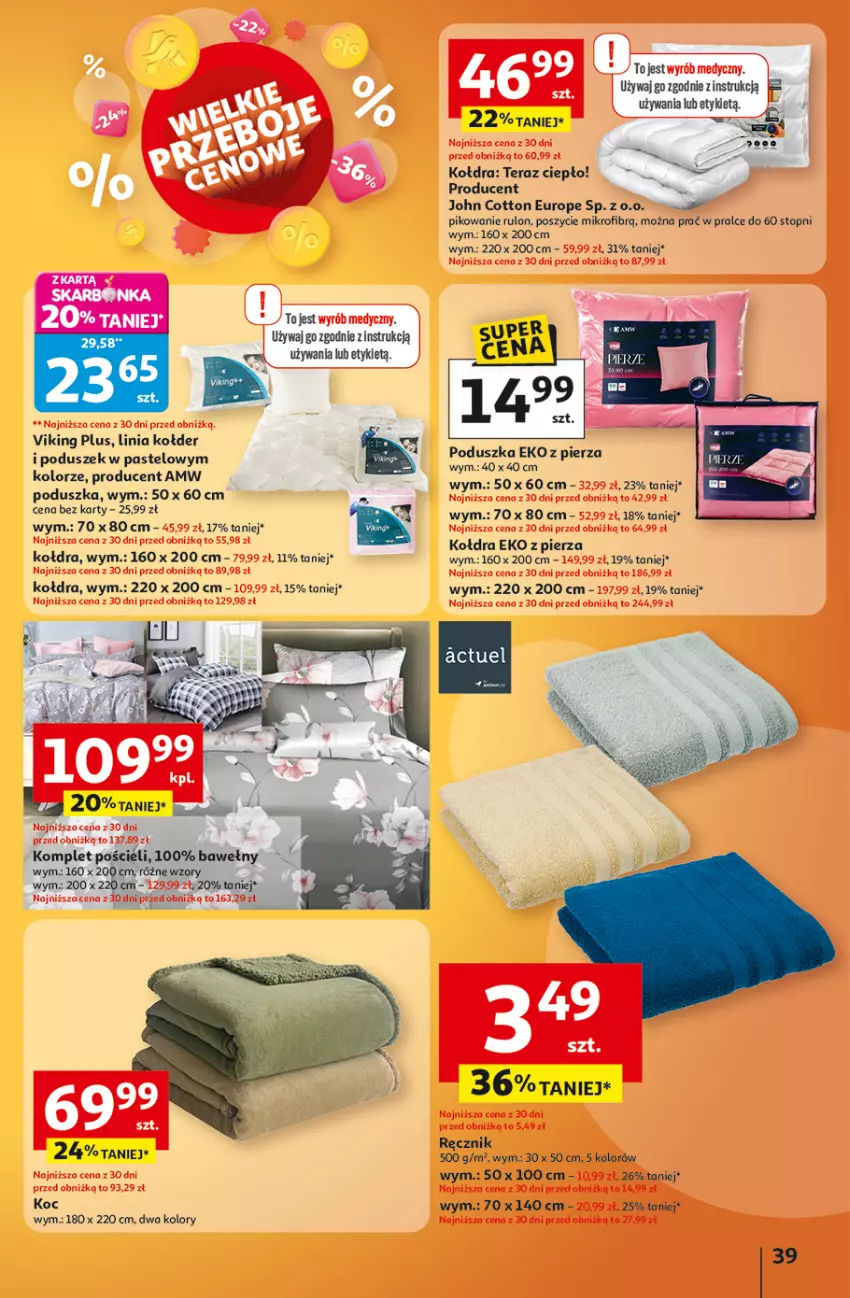 Gazetka promocyjna Auchan - Wielkie przeboje cenowe Hipermarket - ważna 09.10 do 15.10.2025 - strona 39 - produkty: Koc, Kołdra, Komplet pościeli, Poduszka, Pościel, Tera, Top