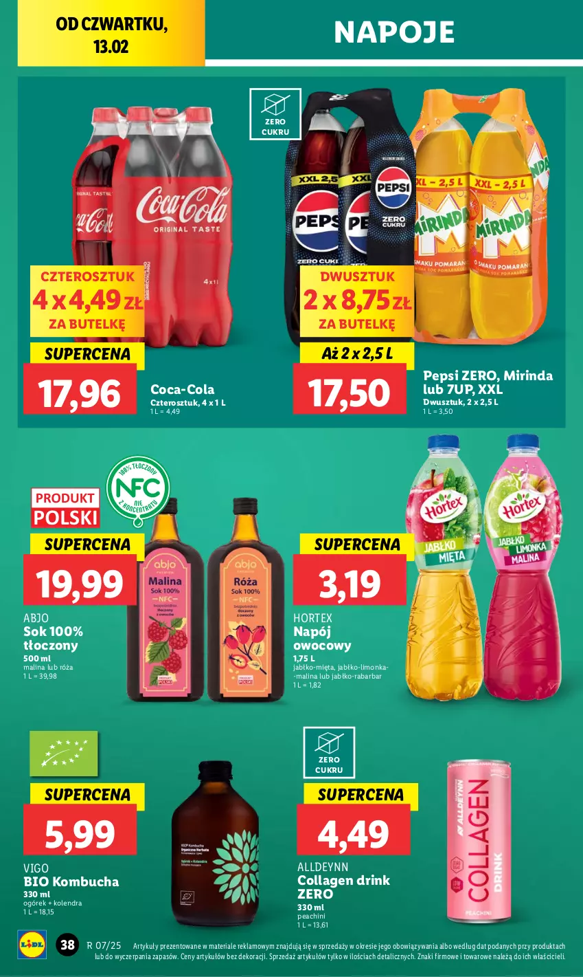 Gazetka promocyjna Lidl - GAZETKA - ważna 13.02 do 15.02.2025 - strona 44 - produkty: 7up, Coca-Cola, Hortex, Kolendra, Limonka, Mięta, Mirinda, Napój, Napoje, Ogórek, Pepsi, Róża, Sok