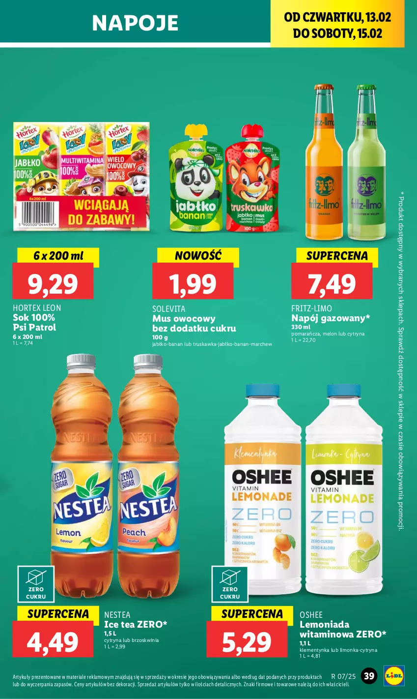 Gazetka promocyjna Lidl - GAZETKA - ważna 13.02 do 15.02.2025 - strona 45 - produkty: Hortex, Ice tea, Lemoniada, Leon, Limonka, Melon, Mus, Napój, Napój gazowany, Napoje, Nestea, Oshee, Psi Patrol, Sok