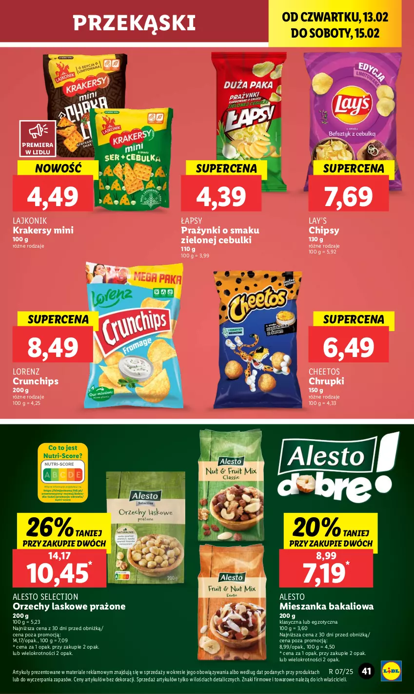 Gazetka promocyjna Lidl - GAZETKA - ważna 13.02 do 15.02.2025 - strona 47 - produkty: Cheetos, Chipsy, Chrupki, Crunchips, Krakersy, Lajkonik, Lay’s, Lorenz, Mieszanka bakaliowa