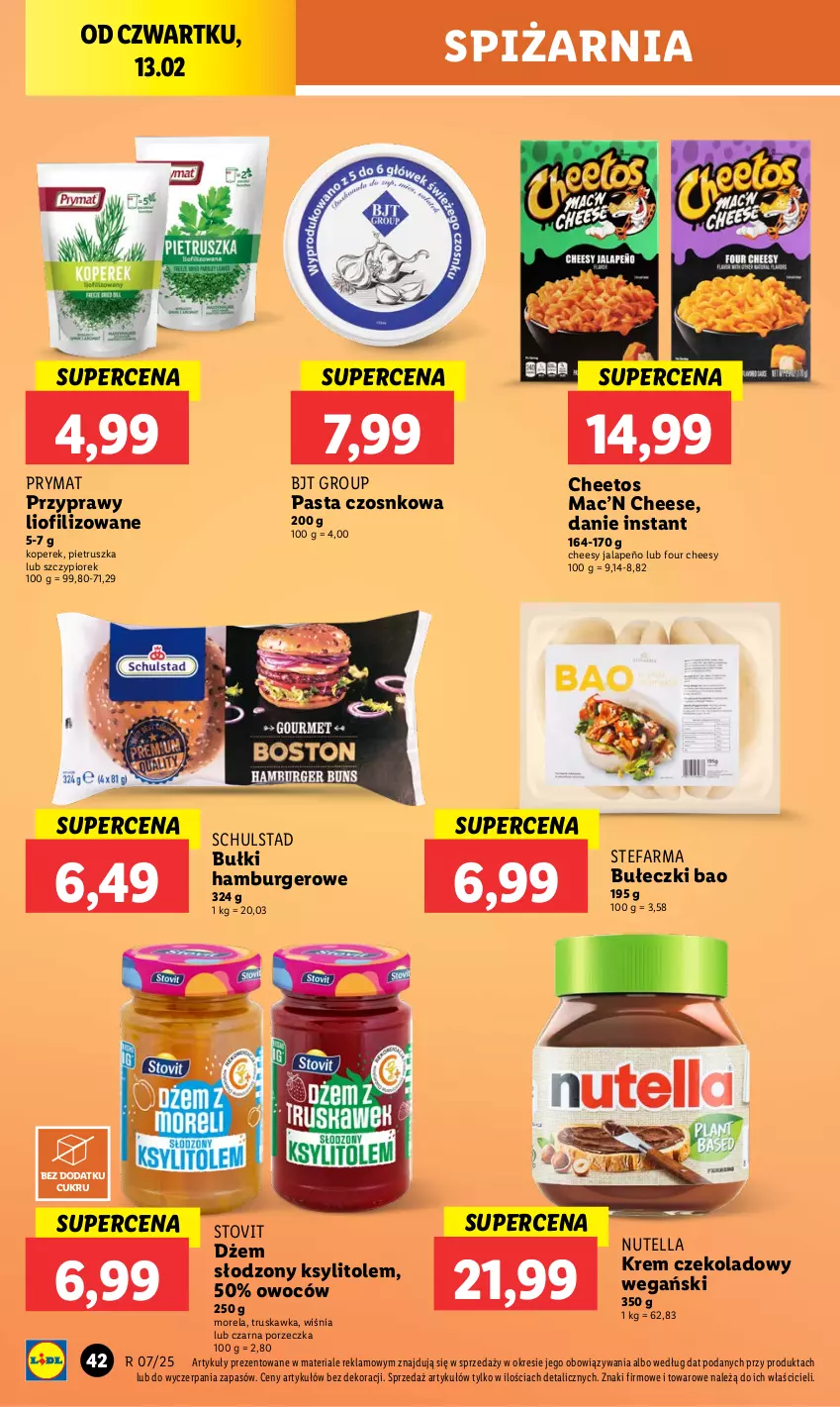 Gazetka promocyjna Lidl - GAZETKA - ważna 13.02 do 15.02.2025 - strona 48 - produkty: Bułeczki, Burger, Cheetos, Dżem, Fa, Hamburger, Ksylitol, Morela, Nutella, Pietruszka, Por, Prymat, Przyprawy