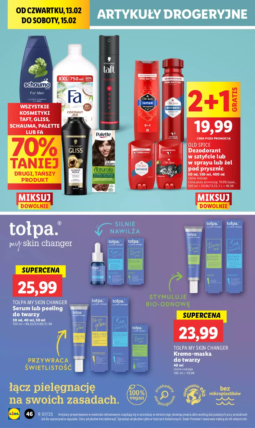 Gazetka promocyjna Lidl - GAZETKA - ważna 13.02 do 15.02.2025 - strona 52 - produkty: Dezodorant, Fa, Gra, Maska, Maska do twarzy, Old Spice, Palette, Peeling, Rum, Schauma, Ser, Serum, Taft, Tołpa