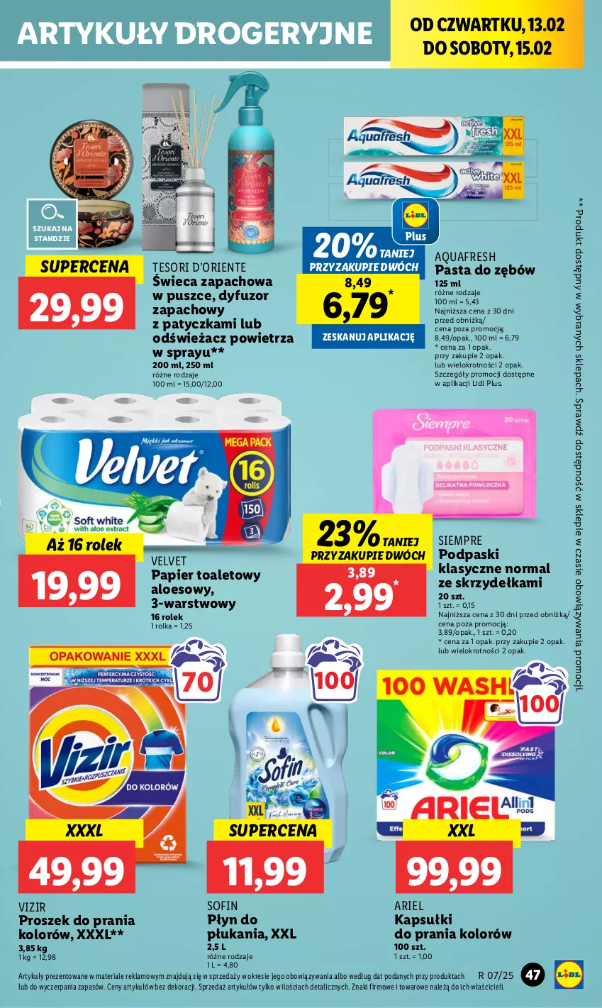 Gazetka promocyjna Lidl - GAZETKA - ważna 13.02 do 15.02.2025 - strona 53 - produkty: Aquafresh, Ariel, Dyfuzor zapachowy, Kapsułki do prania, Odświeżacz powietrza, Papier, Papier toaletowy, Pasta do zębów, Płyn do płukania, Podpaski, Proszek do prania, Velvet, Vizir